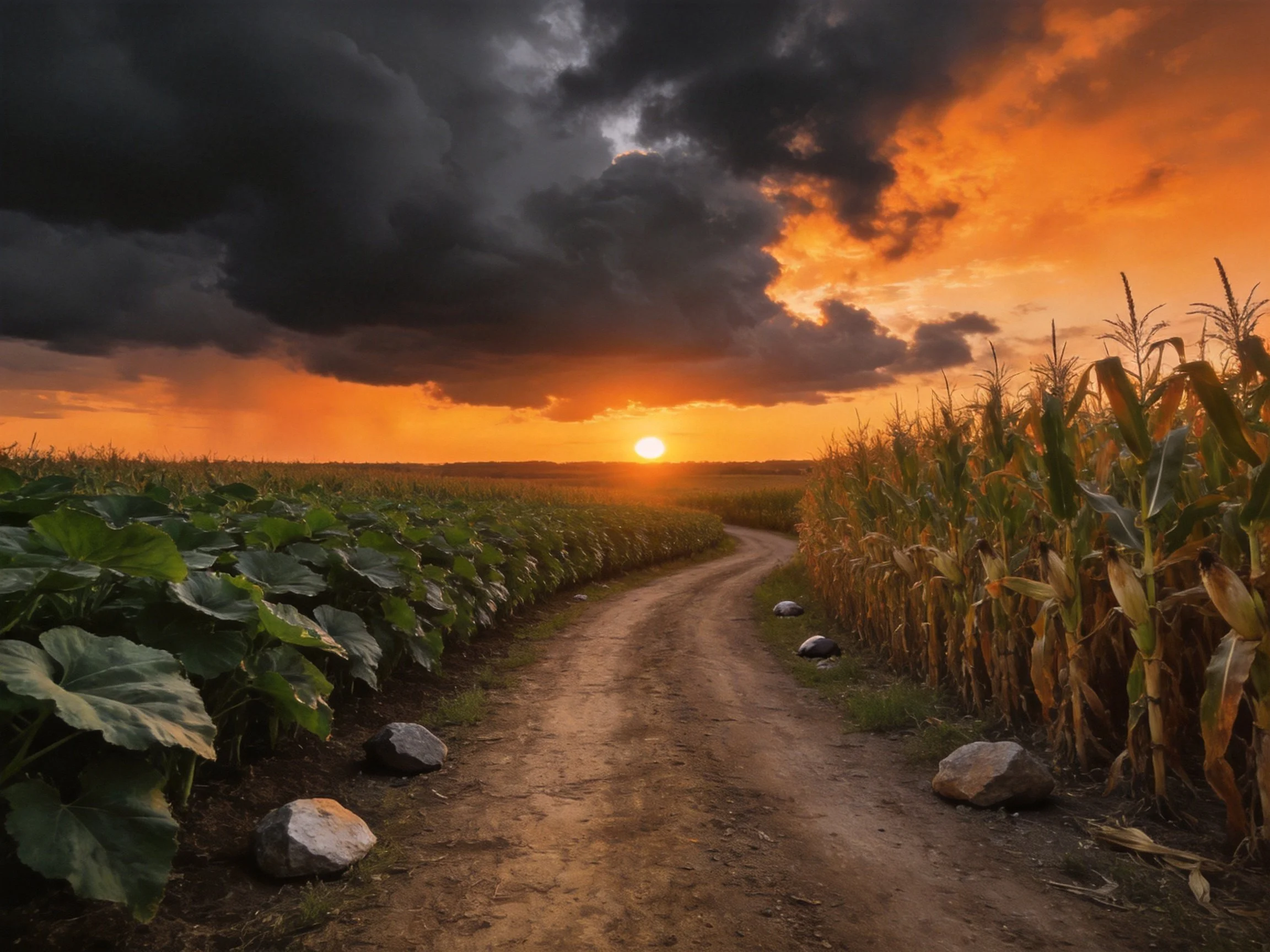 Winding dirt path between cornfields under dramatic sunset skies