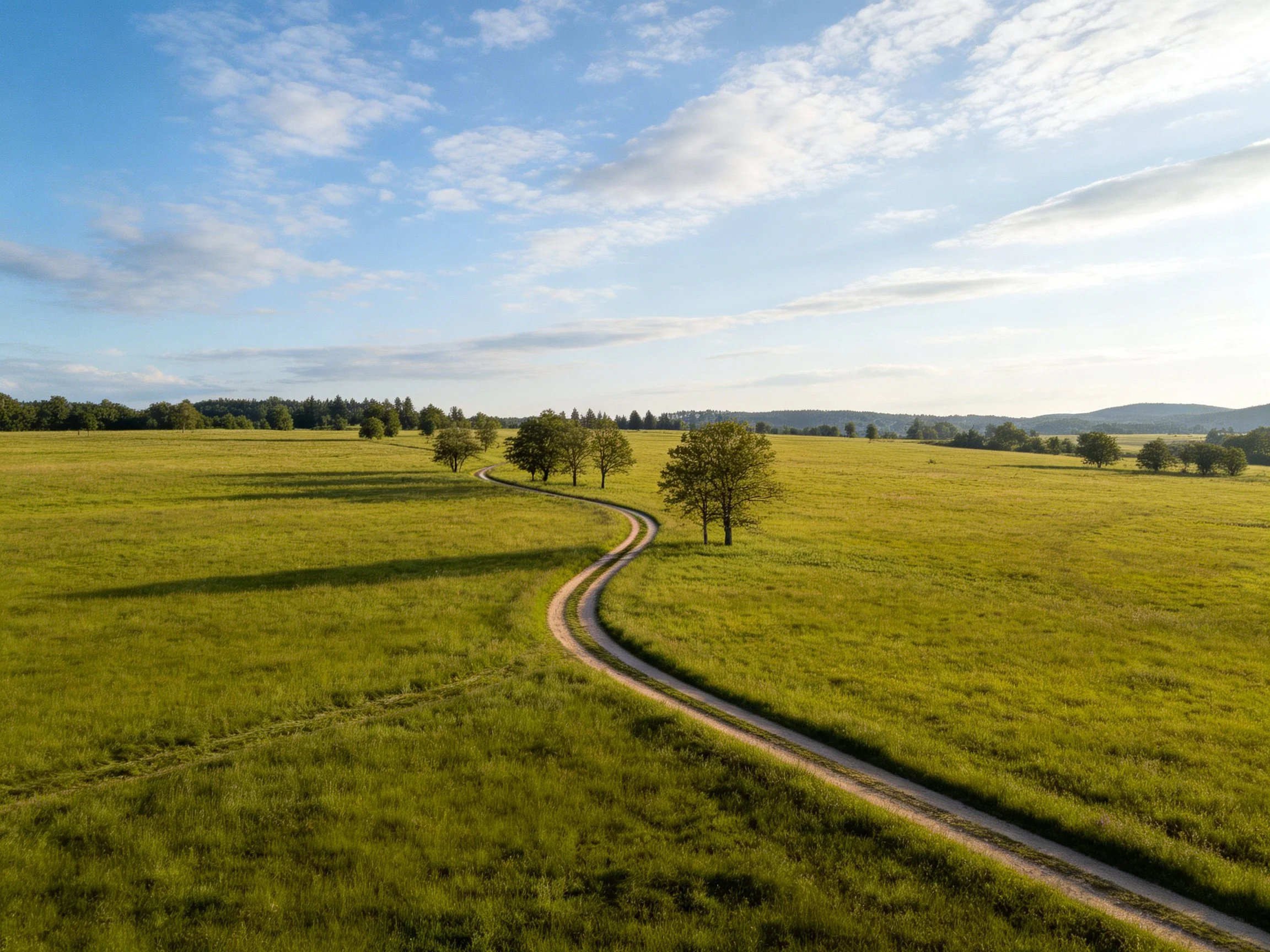 Winding dirt path cuts through lush green meadows with scattered trees