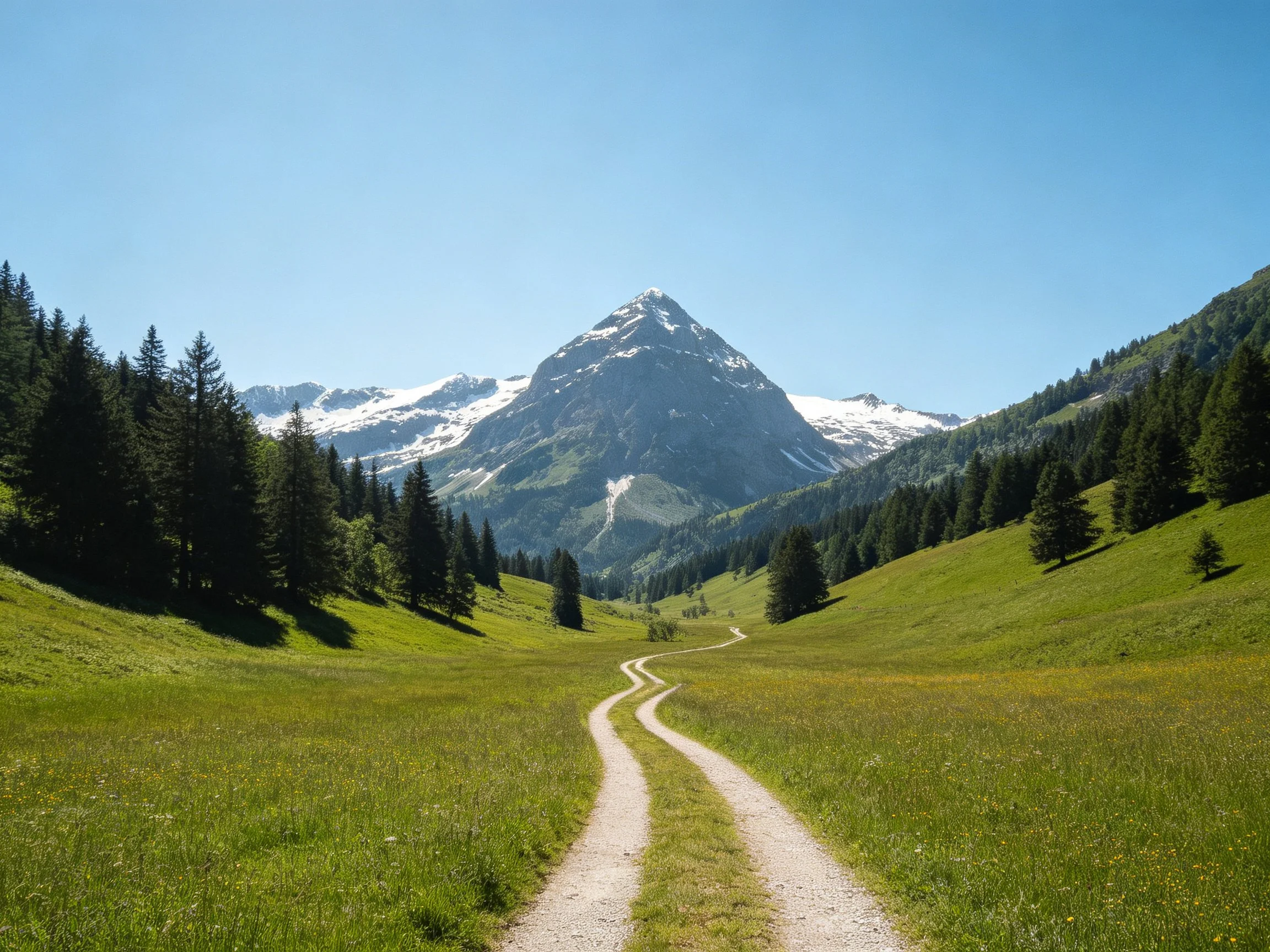 Winding dirt path leads to snow-capped mountain through lush green meadows