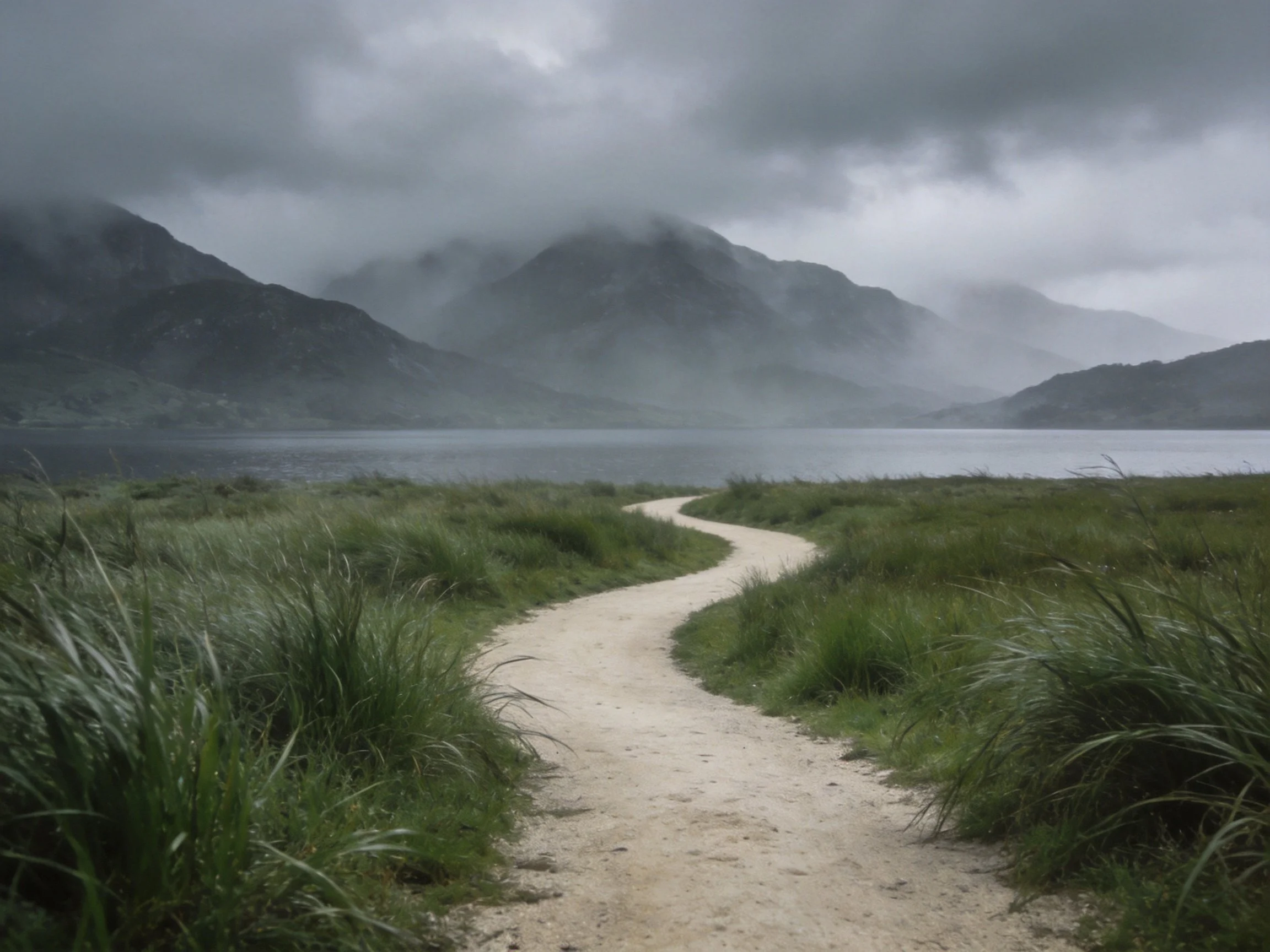 Winding dirt path near misty mountain lake under stormy skies