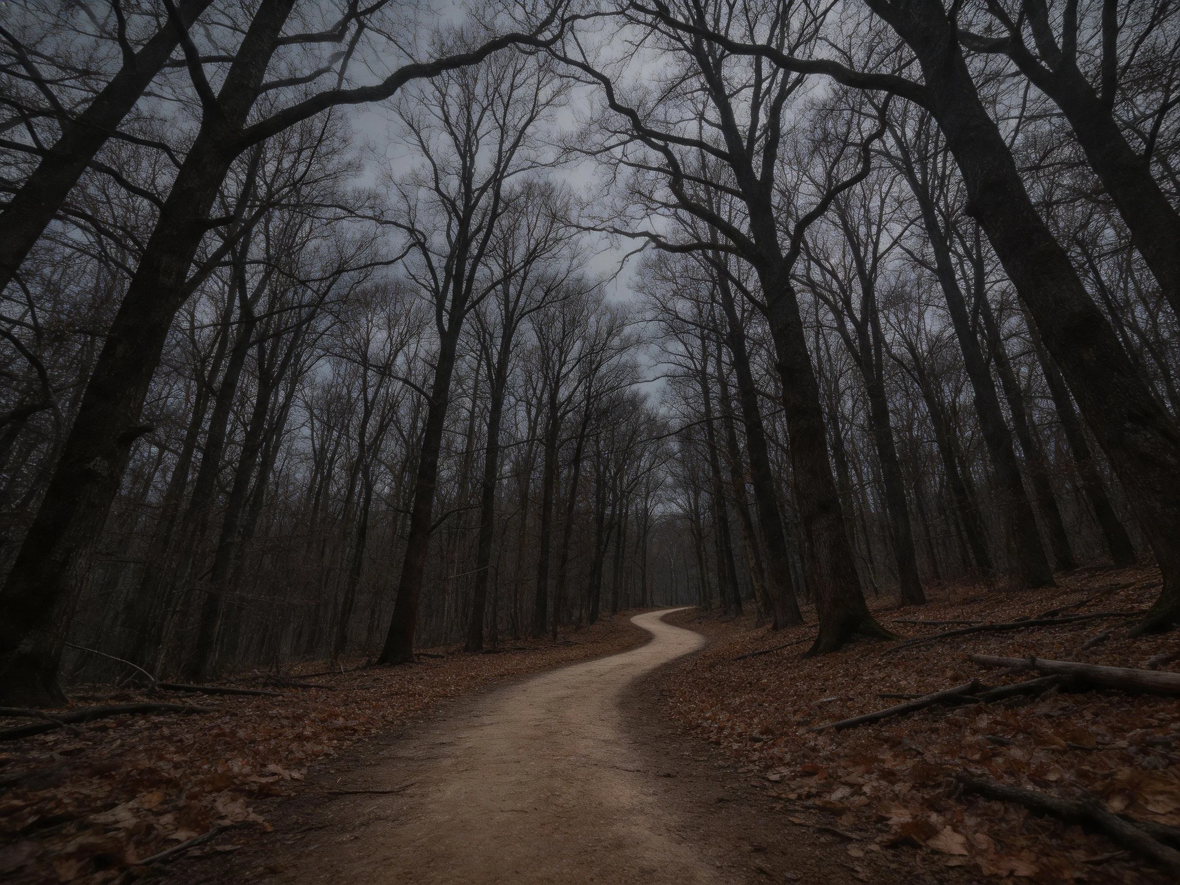 Winding dirt path through a dark, leafless forest