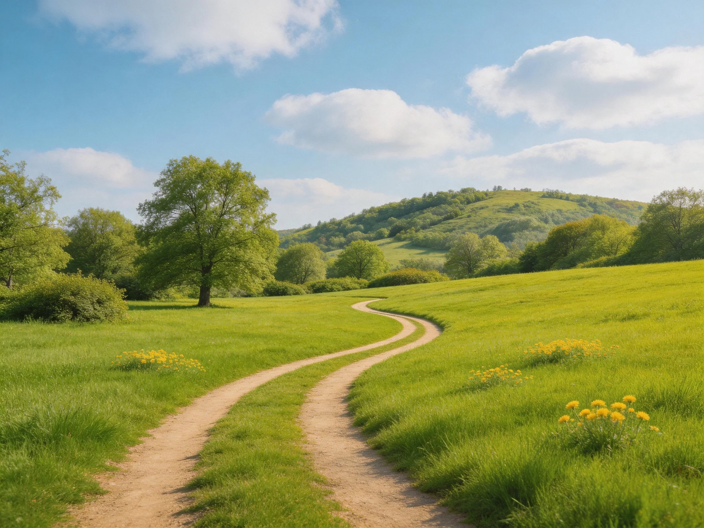 Winding dirt path through a lush green meadow near rolling hills