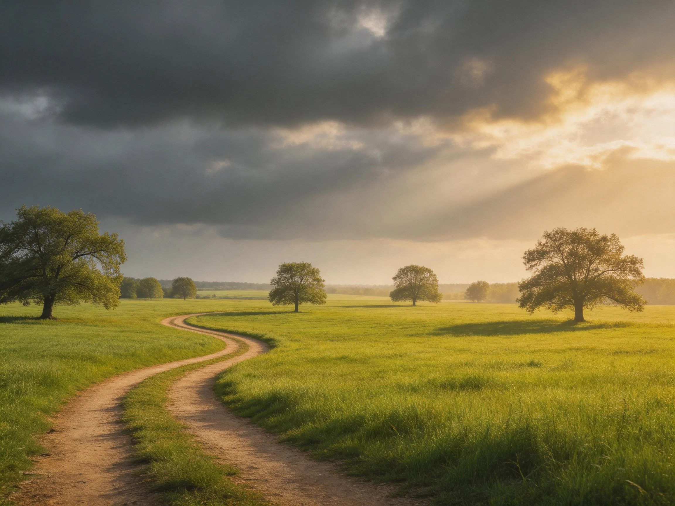 Winding dirt path through a lush green meadow with scattered trees