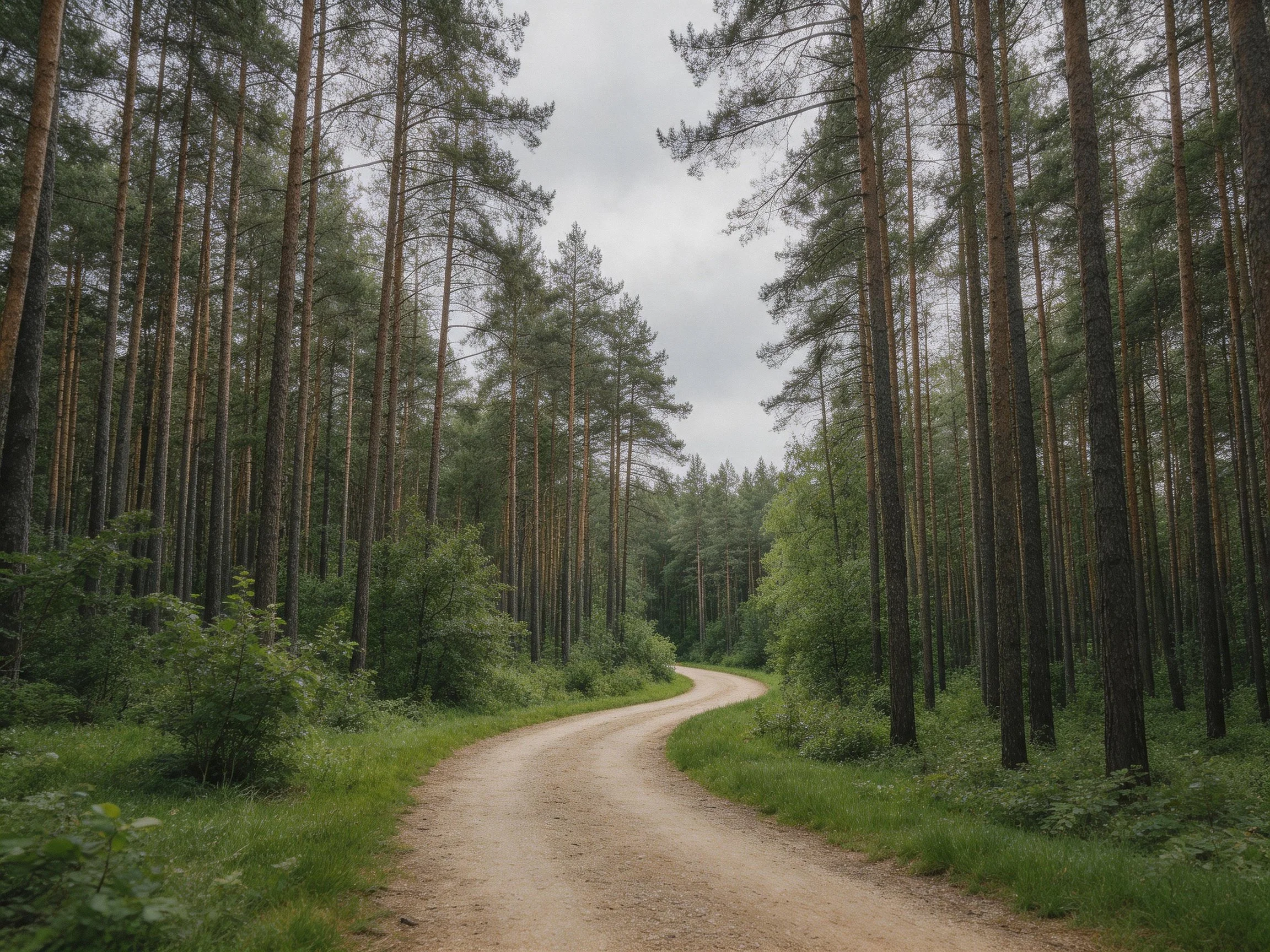Winding dirt path through dense evergreen forest