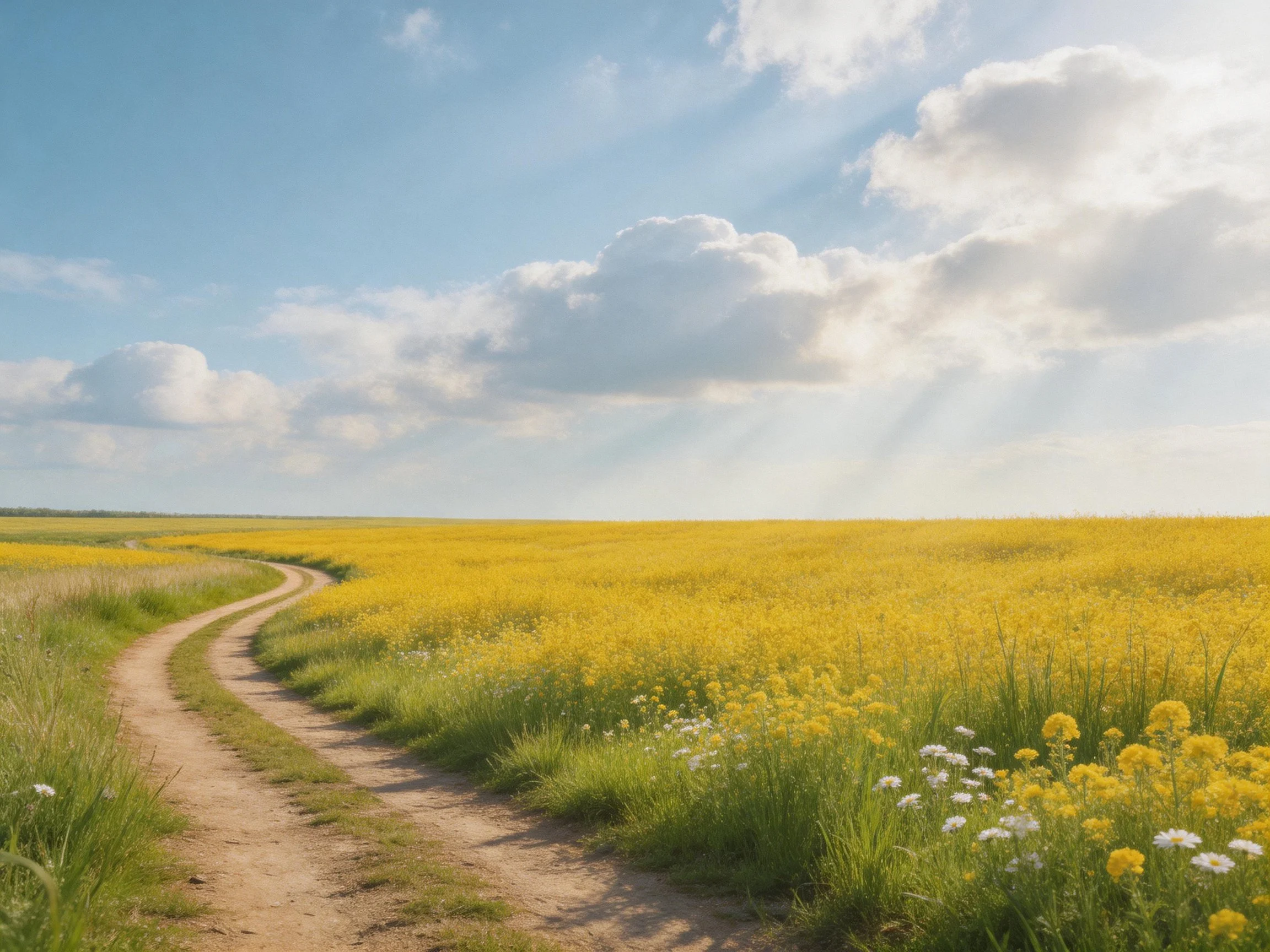 Winding dirt path through golden flower fields under bright sky