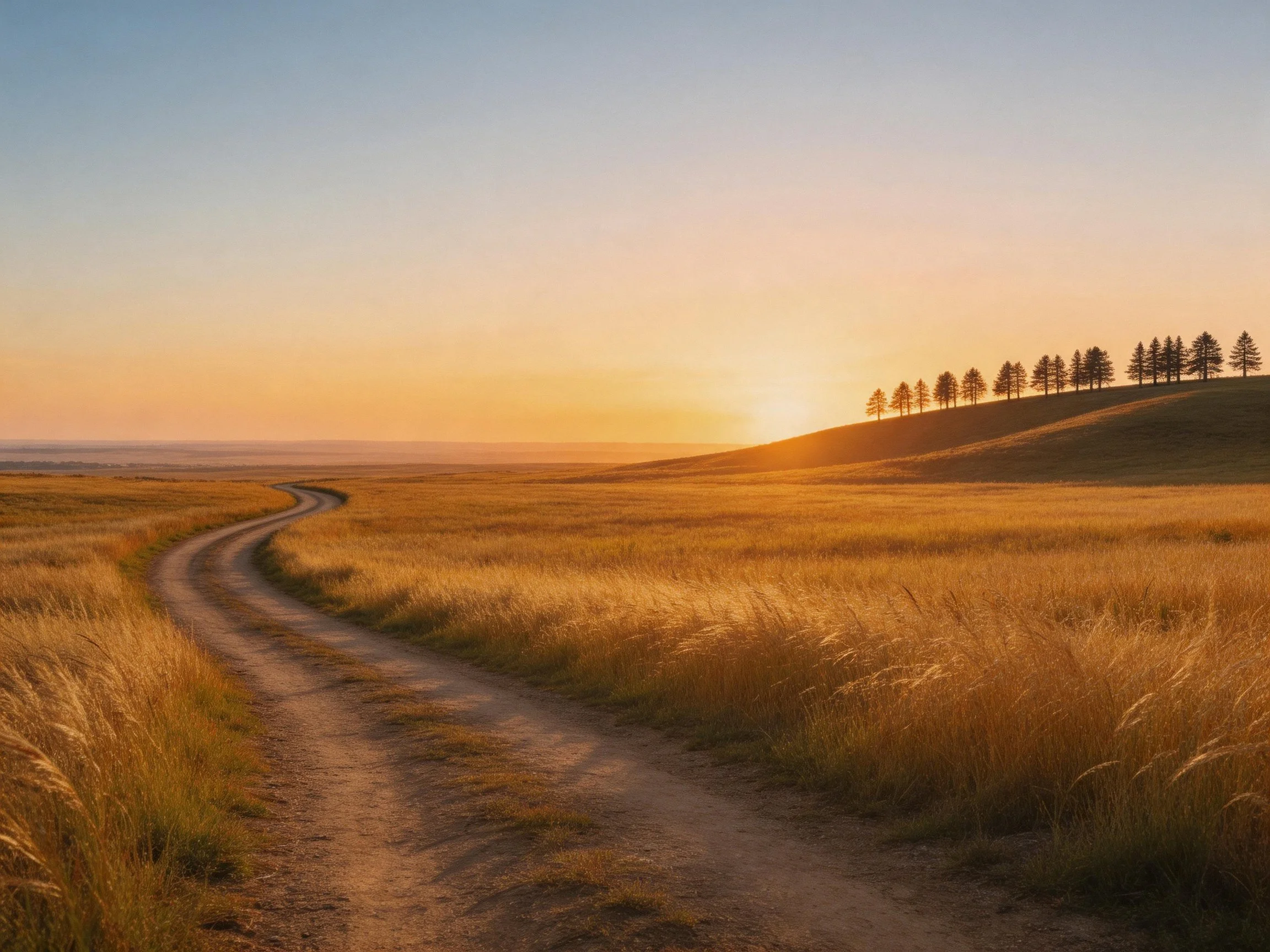 Winding dirt path through golden grassland atsunset