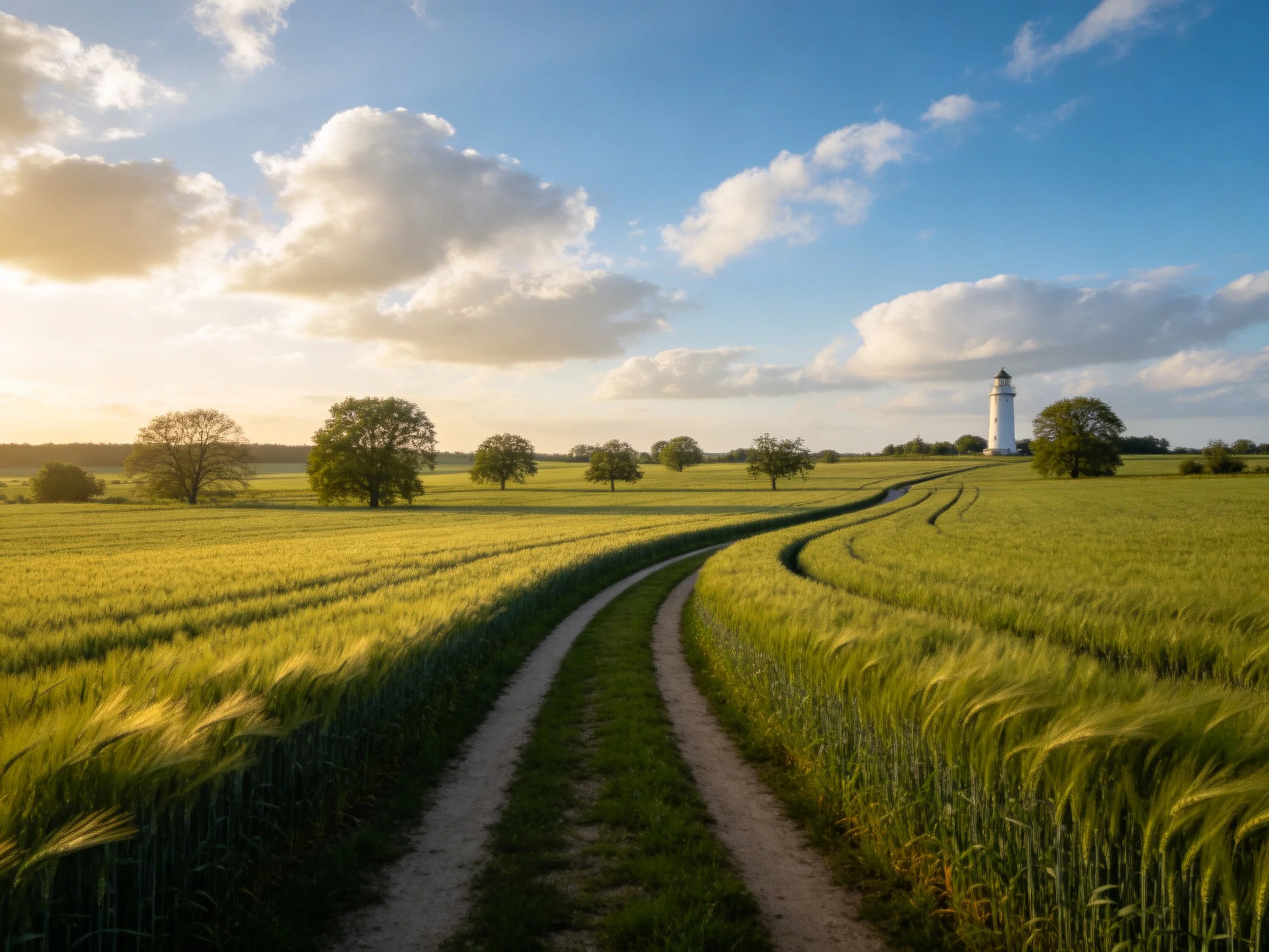 Winding dirt path through golden-green farmland near white lighthouse