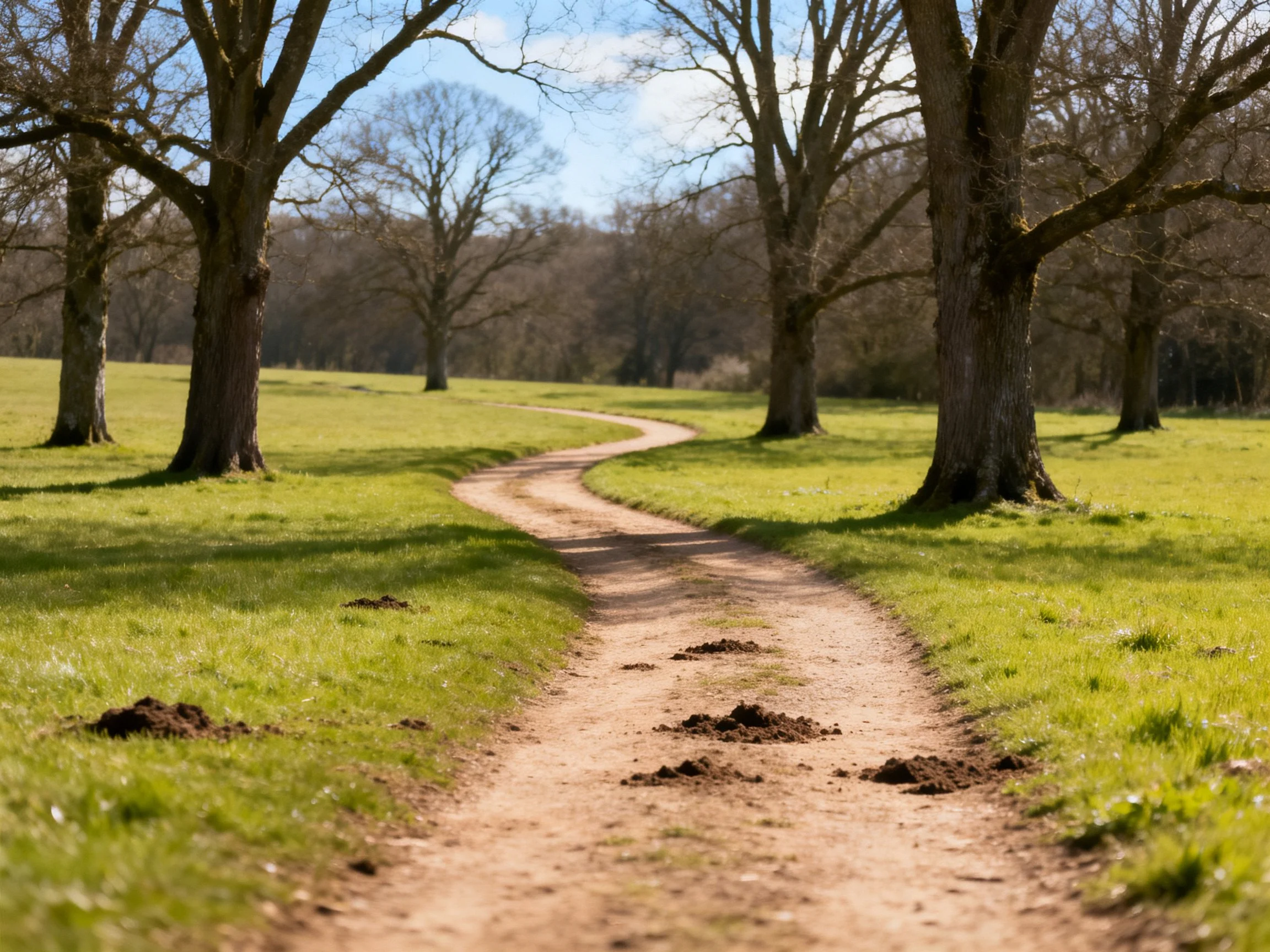 Winding dirt path through grassy meadow with scattered trees