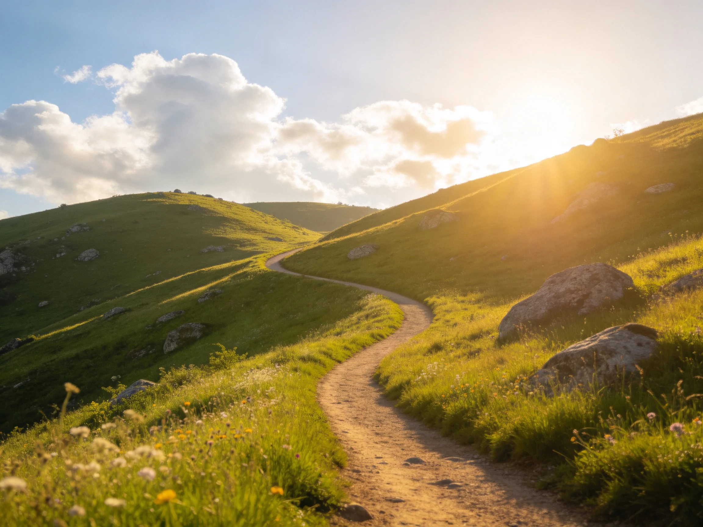 Winding dirt path through green rolling hills under golden sunlight