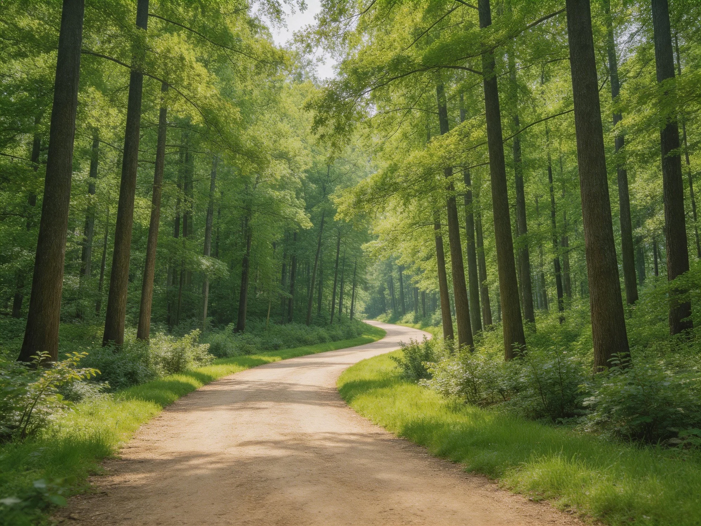 Winding dirt path through lush green forest