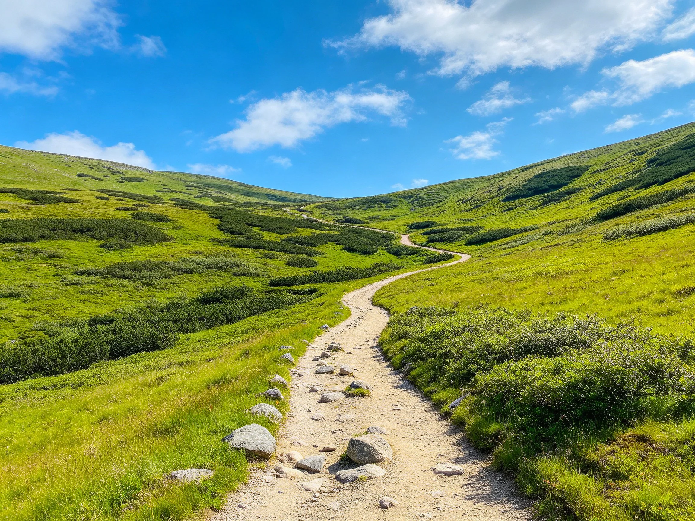 Winding dirt path through lush green hills under bright blue sky
