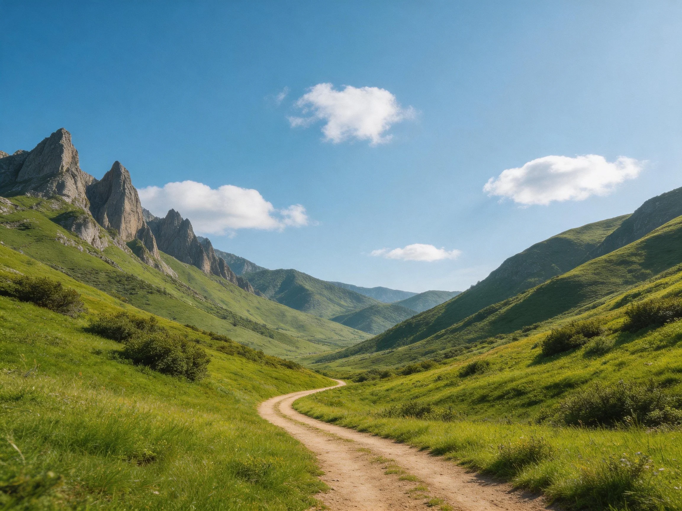 Winding dirt path through lush green valleys beside jagged rocky peaks
