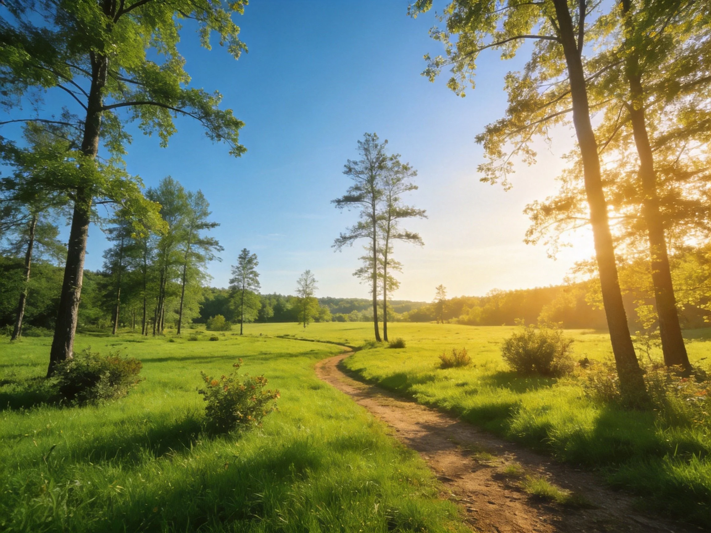 Winding dirt path through sunlit green meadow with tall trees