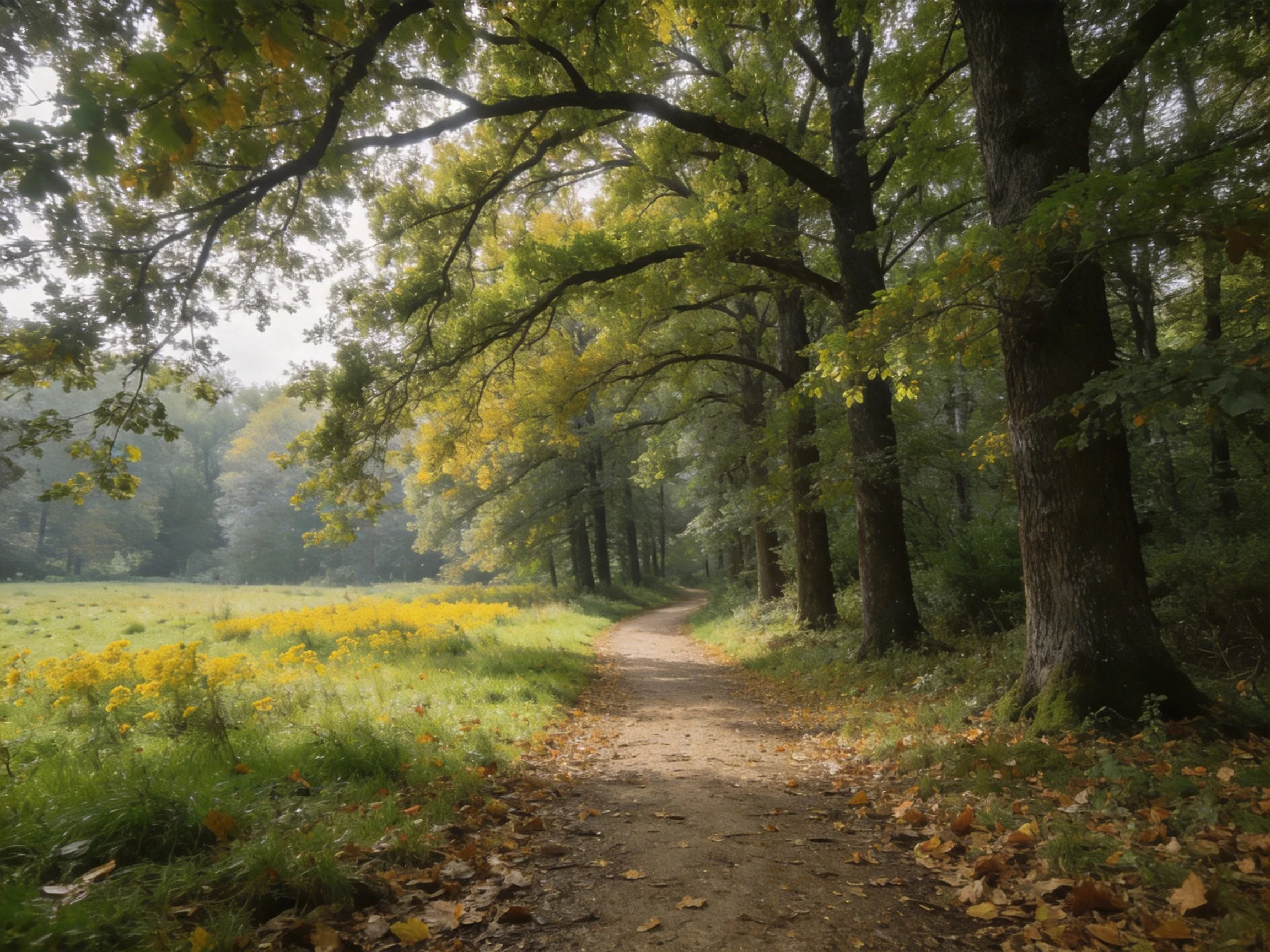 Winding dirt path through tall oaks with golden foliage