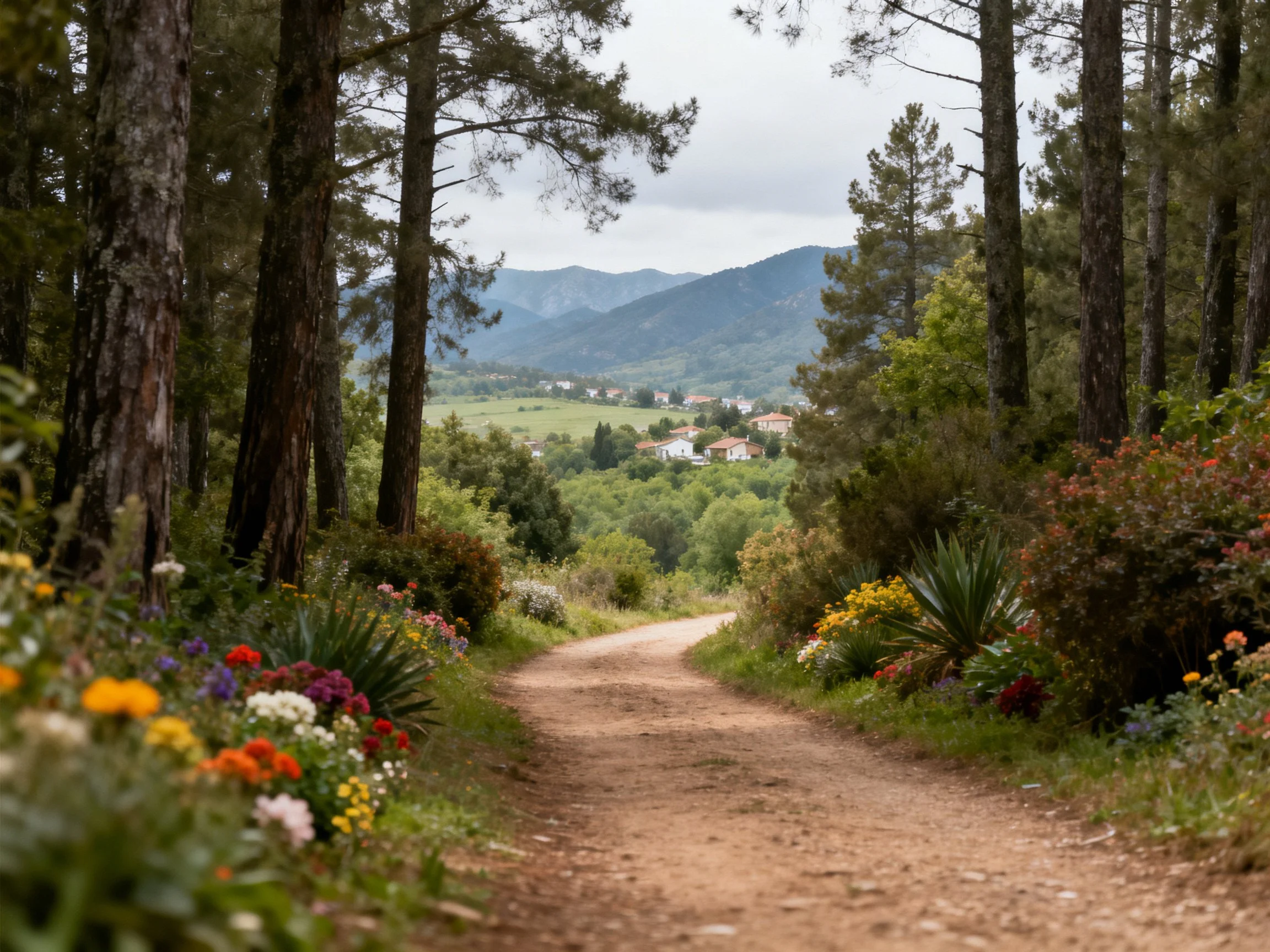 Winding dirt path through tall pine trees, vibrant wildflowers, distant village, mountain backdrop