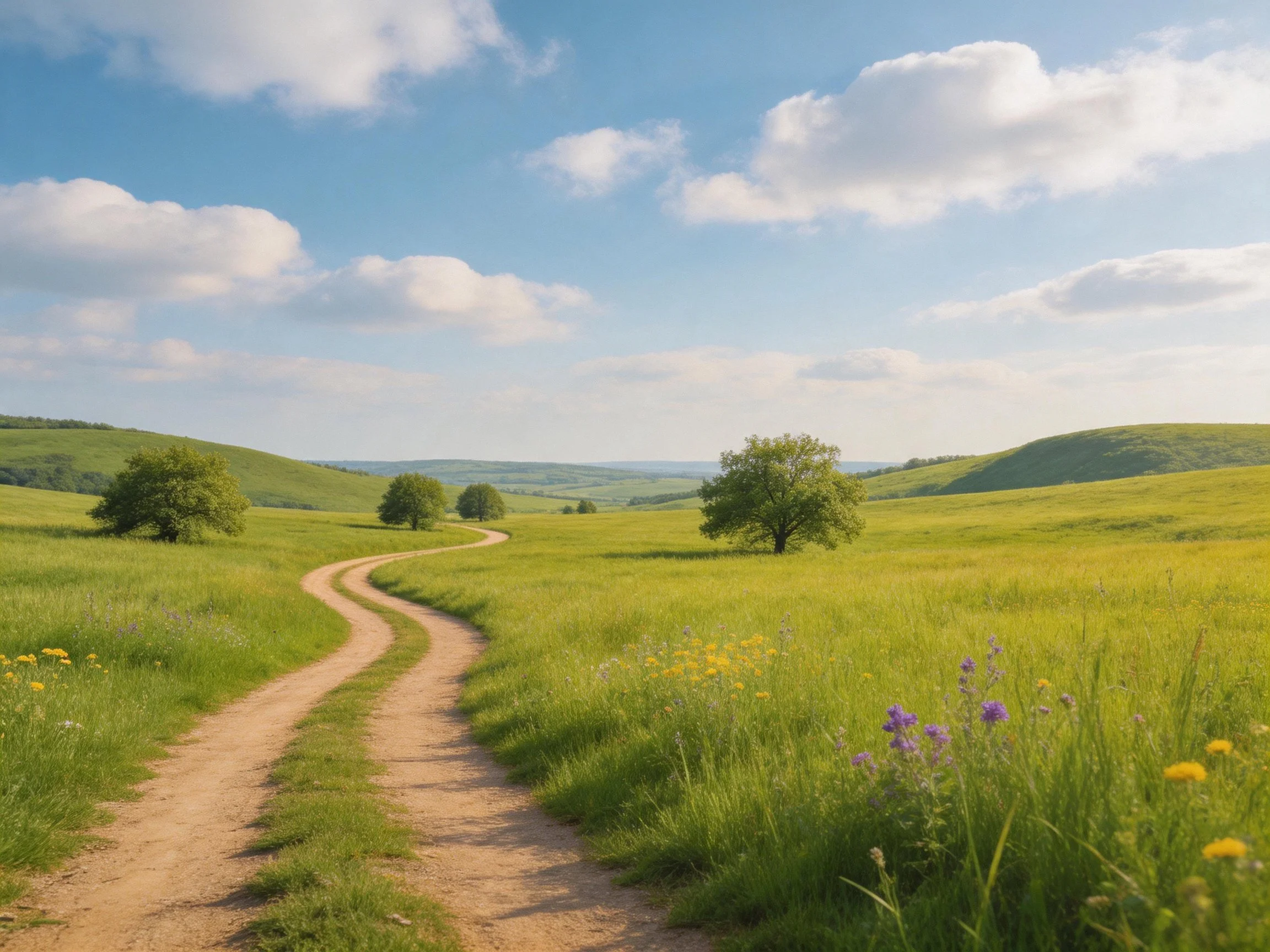 Winding dirt path through verdant meadows and rolling hills
