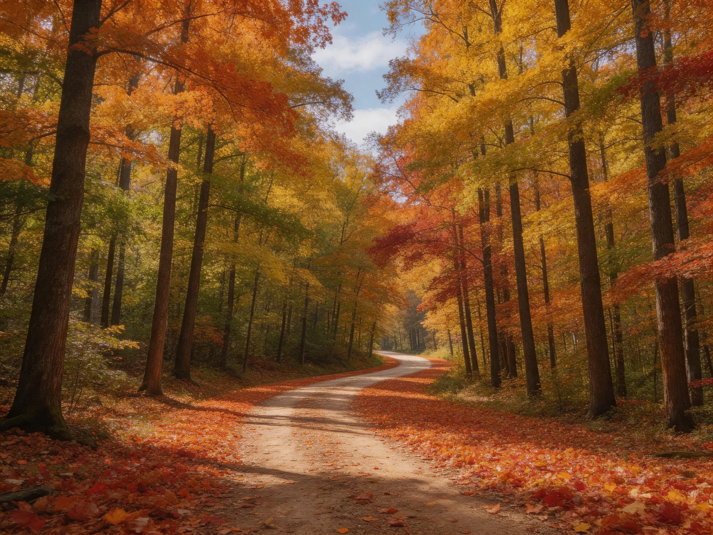 Winding dirt path through vibrant fall forest