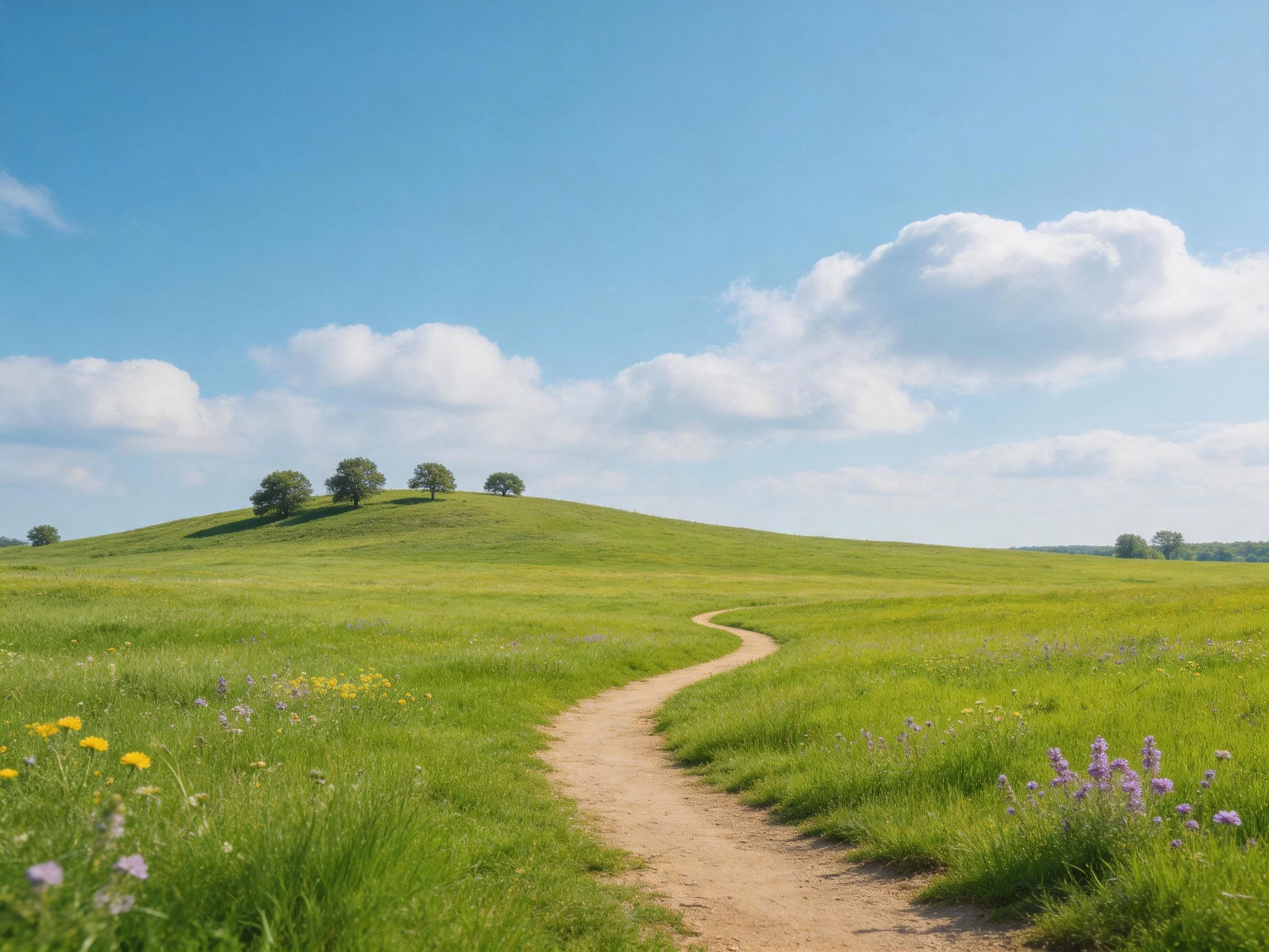 Winding dirt path through vibrant green meadow under clear blue sky