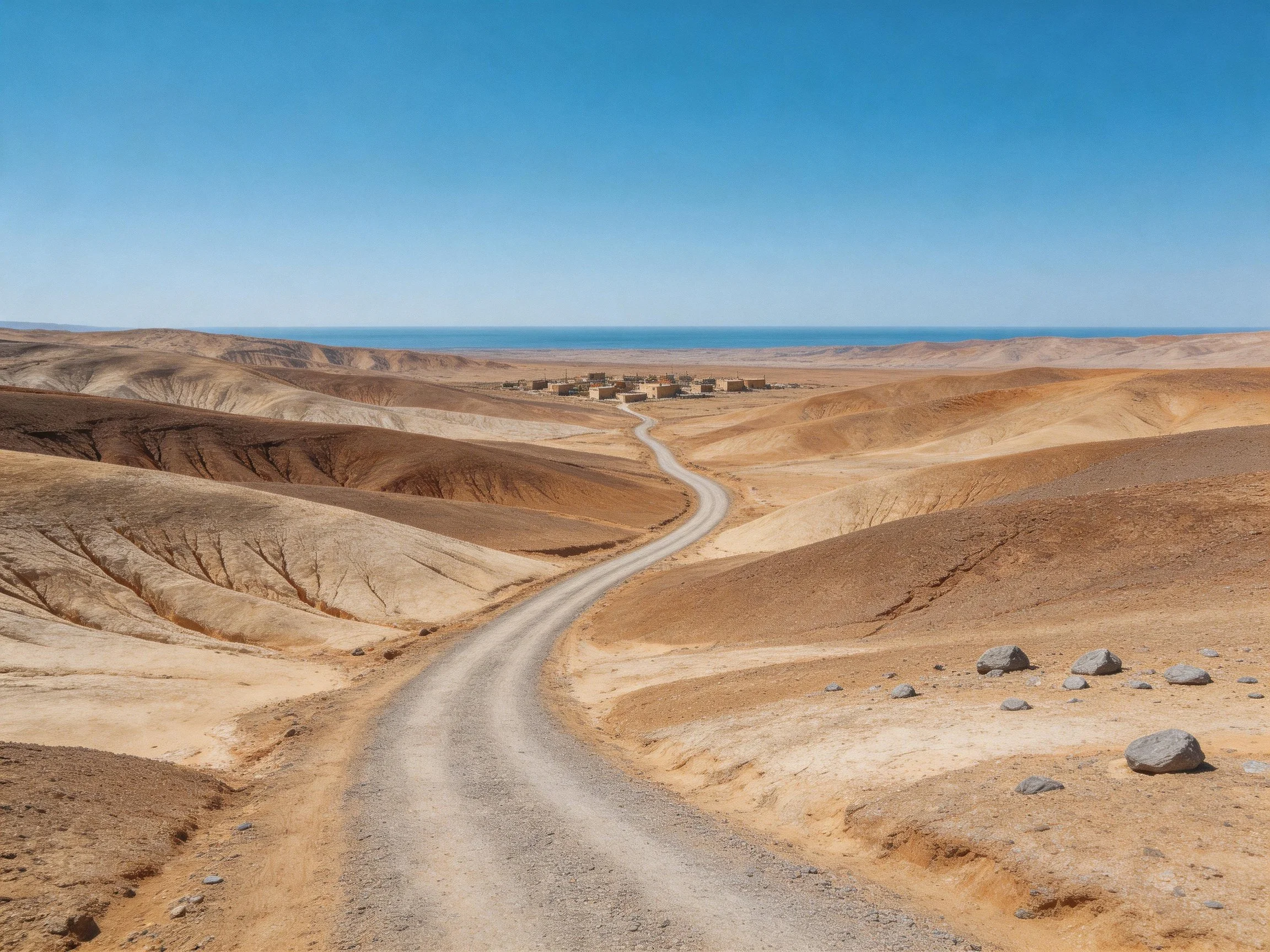 Winding dirt road through arid, hilly desert toward distant settlement
