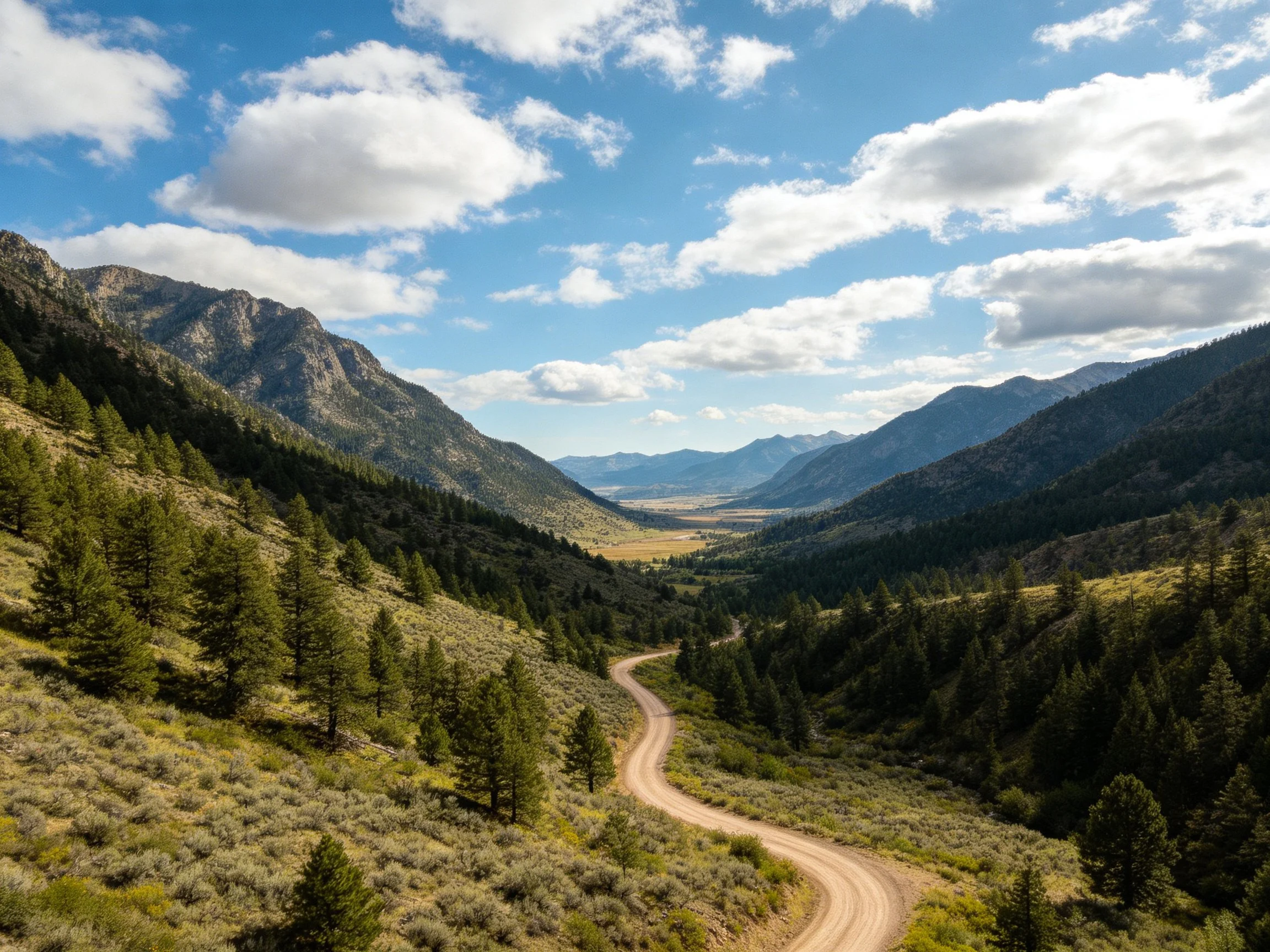 Winding dirt road through forested mountain valley under bright sky