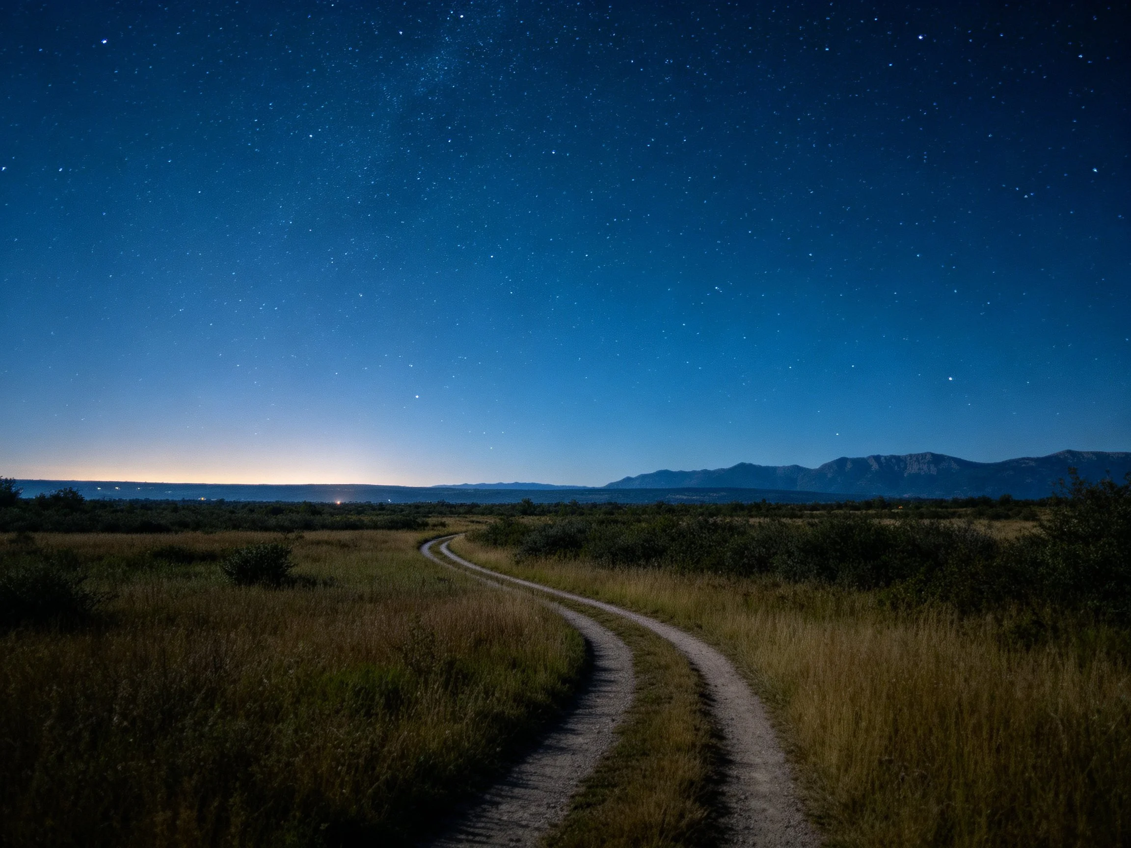Winding dirt road through grasslands under starry night sky