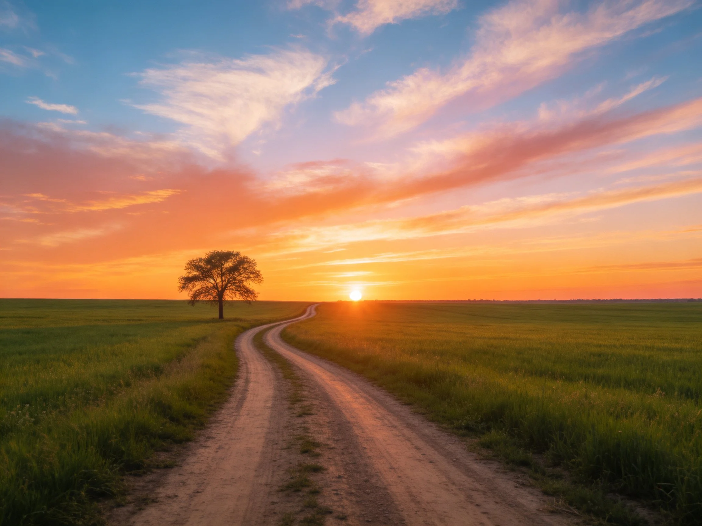Winding dirt road through green fields toward colorful sunset sky