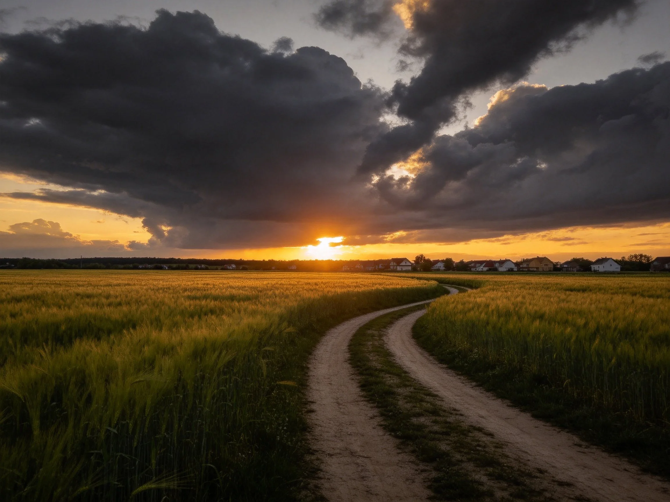Winding dirt road through green fields under dramatic sunset sky