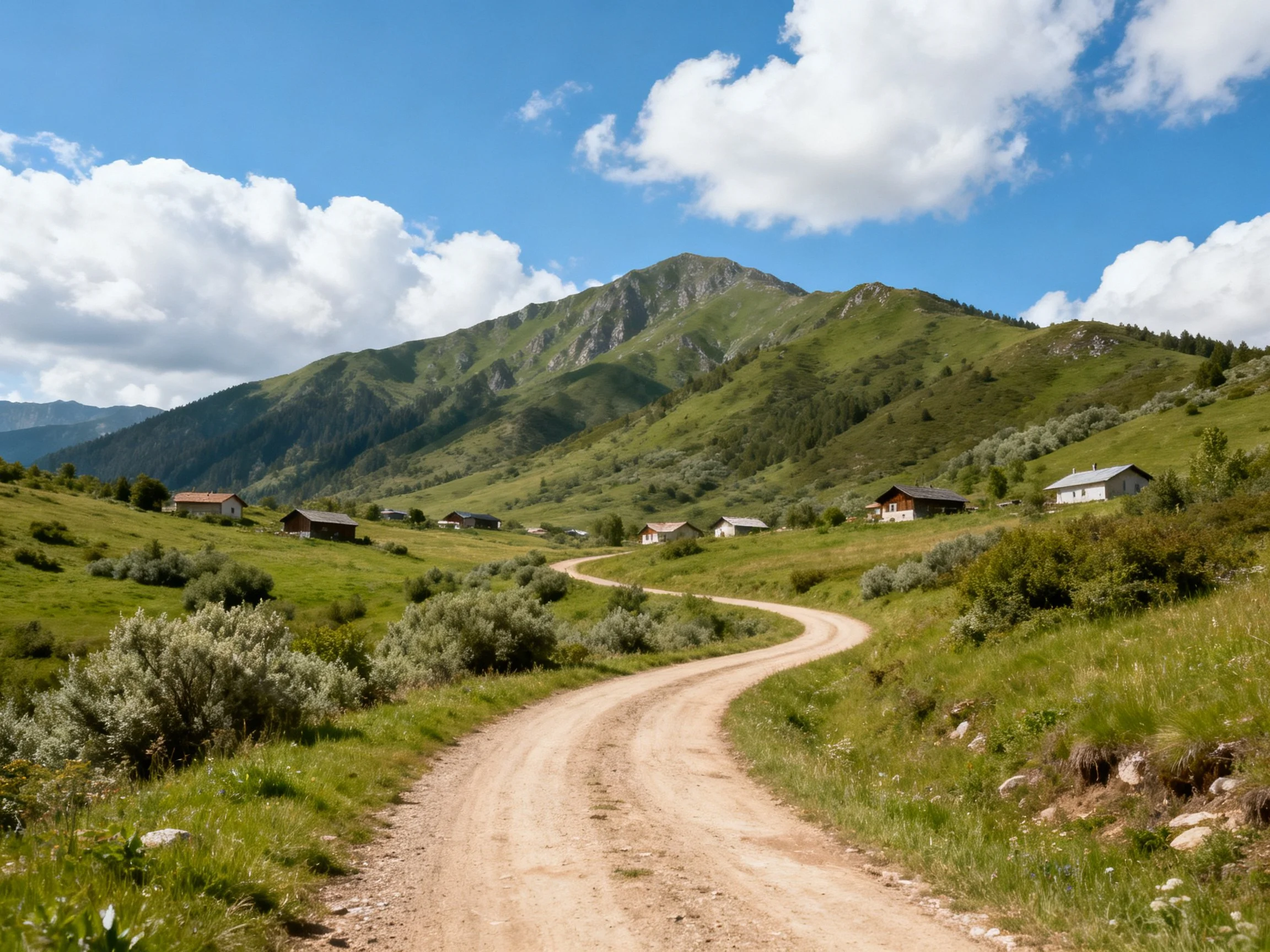 Winding dirt road through lush green hills, scattered cottages, mountain backdrop