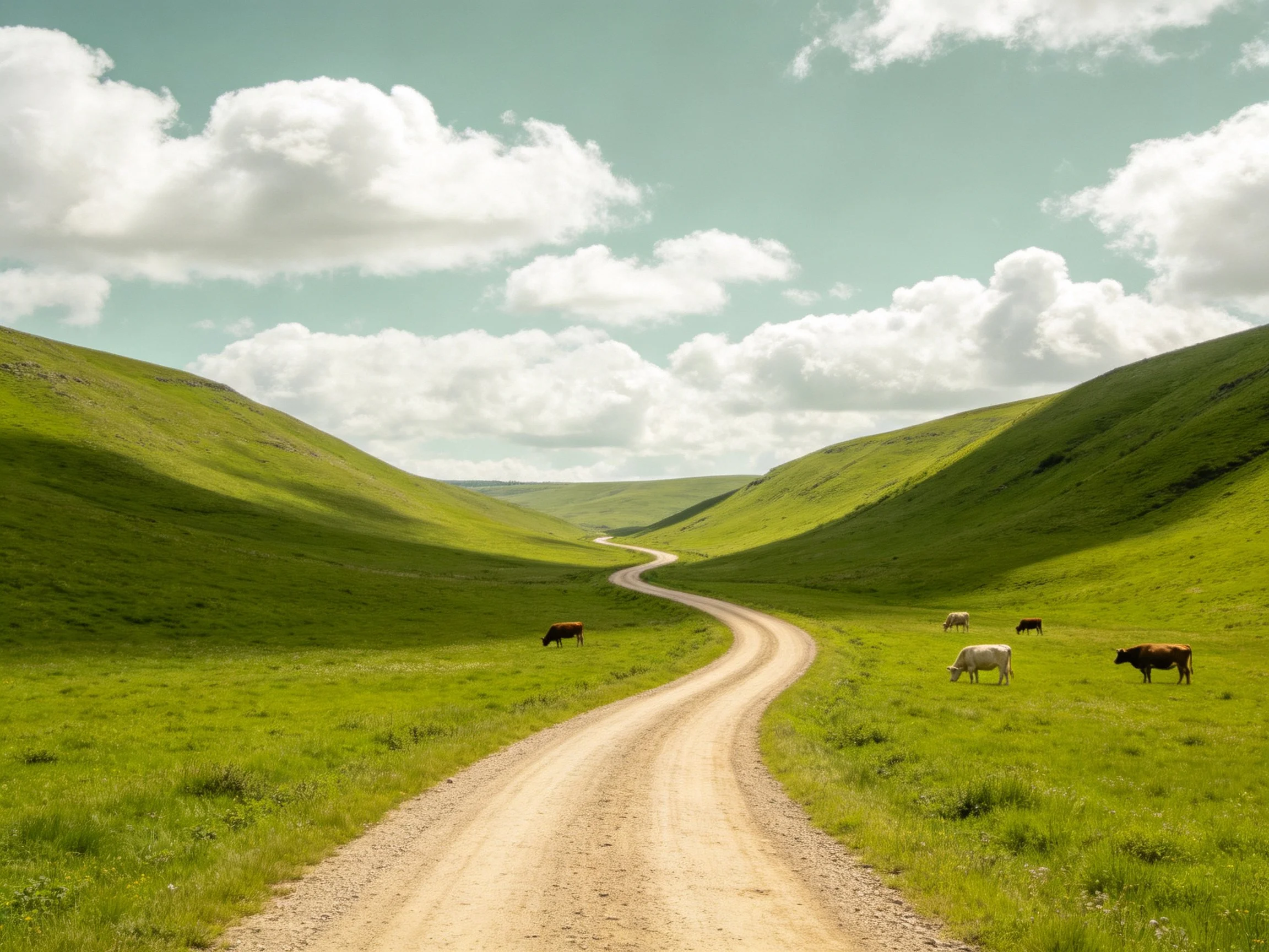 Winding dirt road through lush green hills with grazing cattle