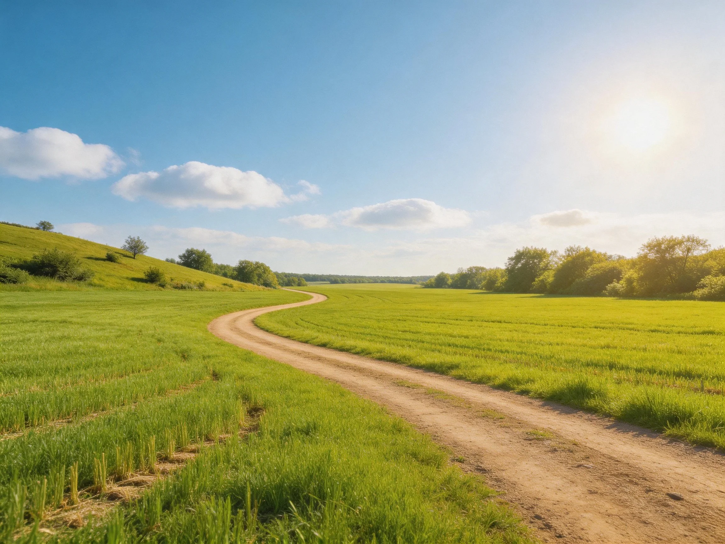 Winding dirt road through lush green meadows under sunny sky