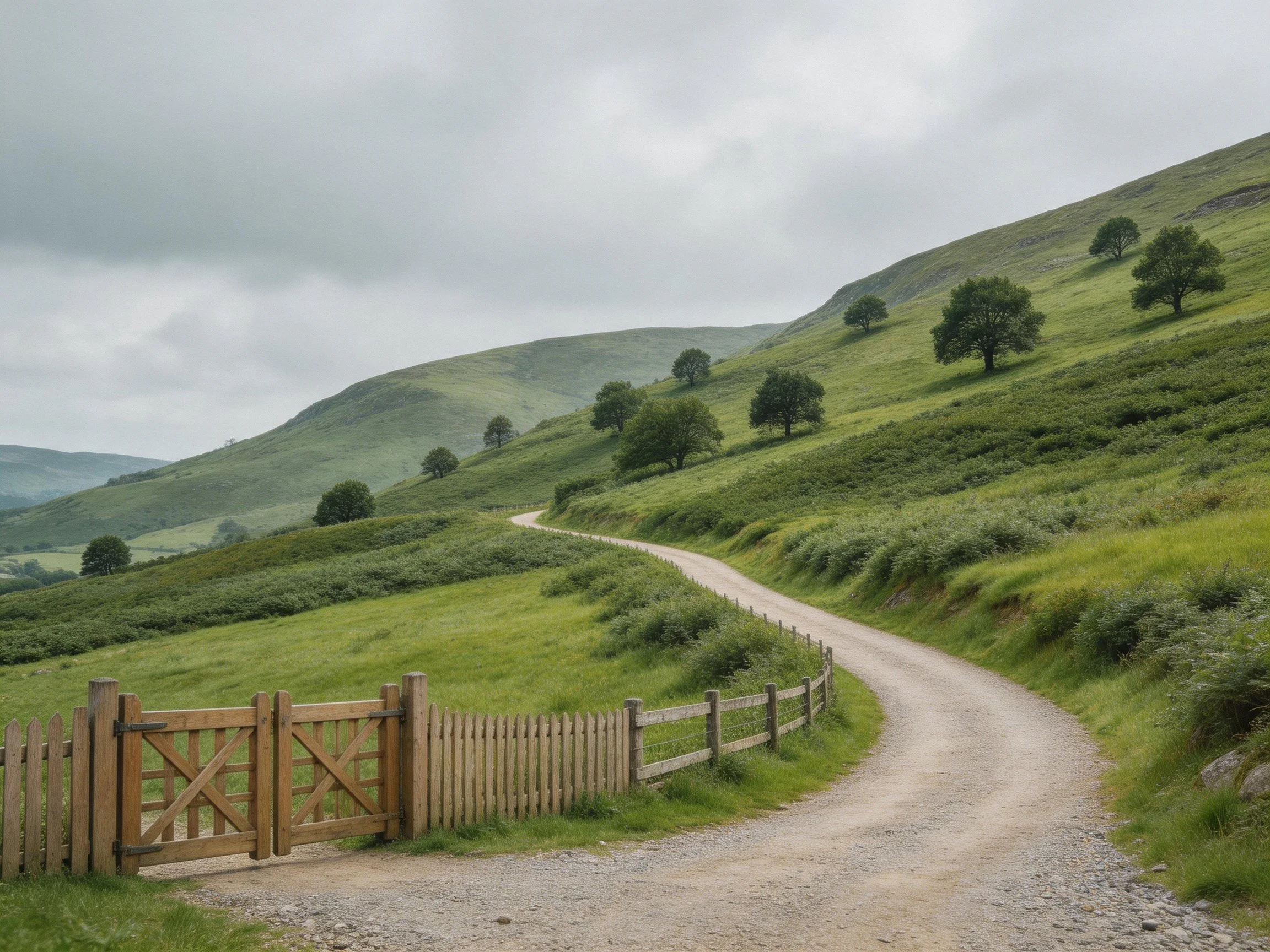 Winding dirt road through lush green rolling hills with wooden fencing