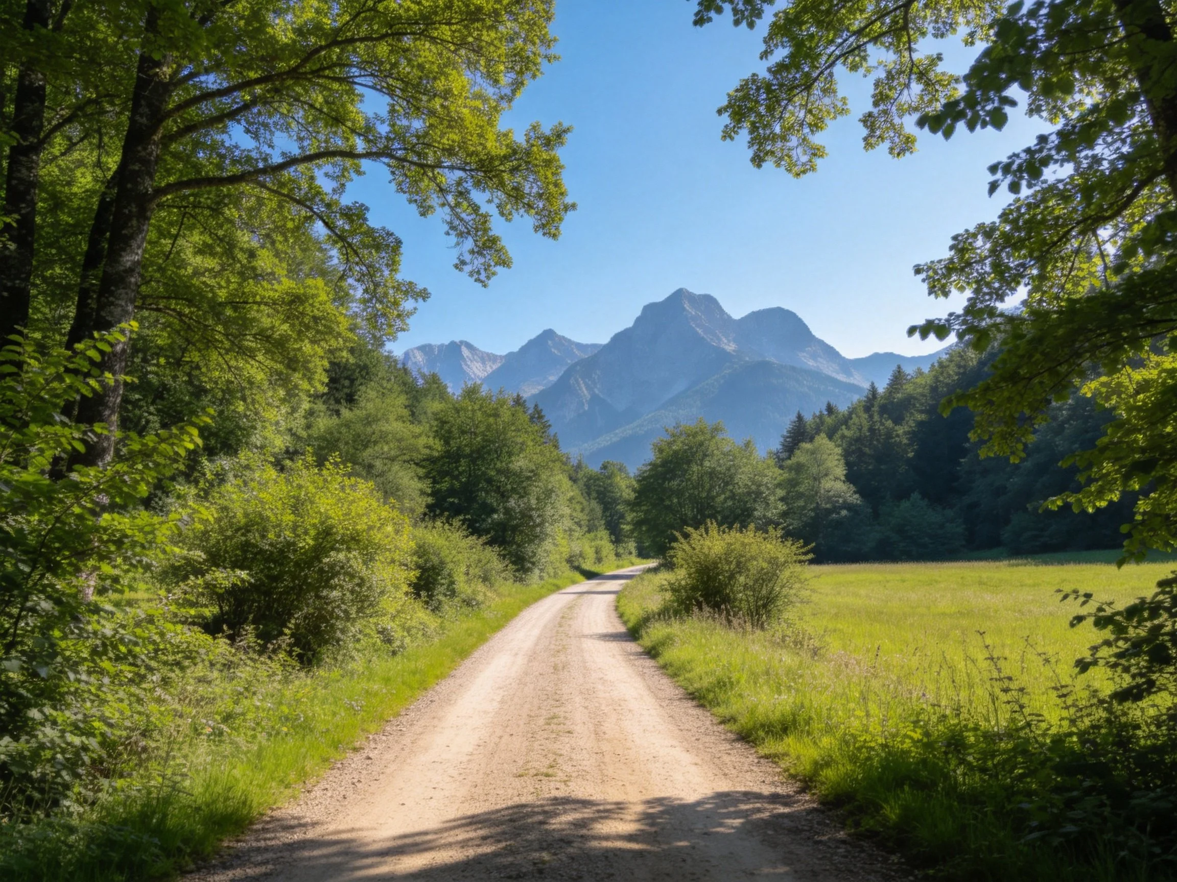 Winding dirt road through lush greenery near distant mountains