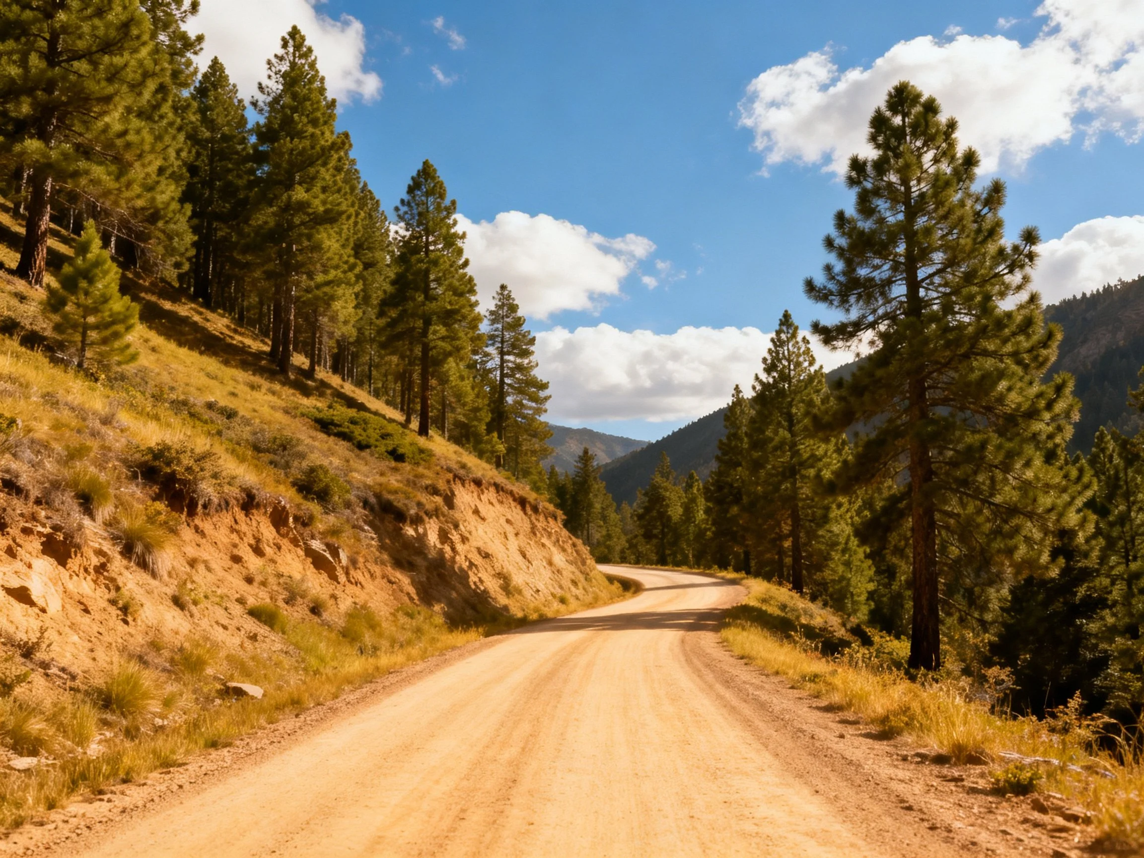 Winding dirt road through pine forests near mountain slopes