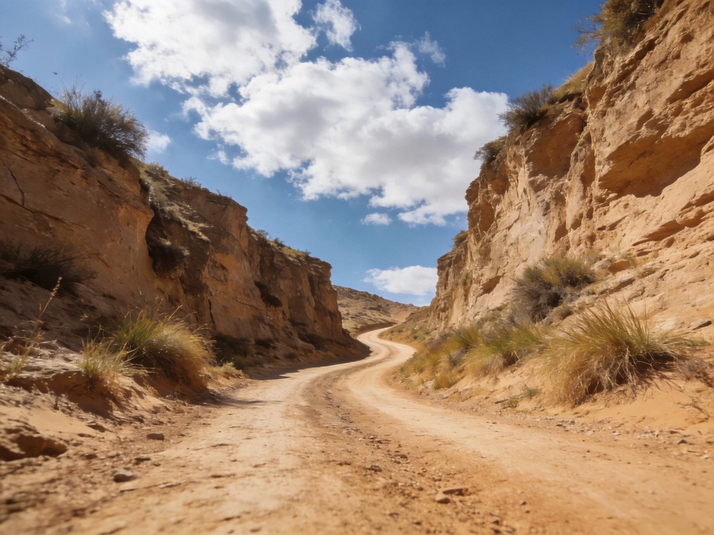 Winding dirt road through rocky desert canyons under bright blue sky