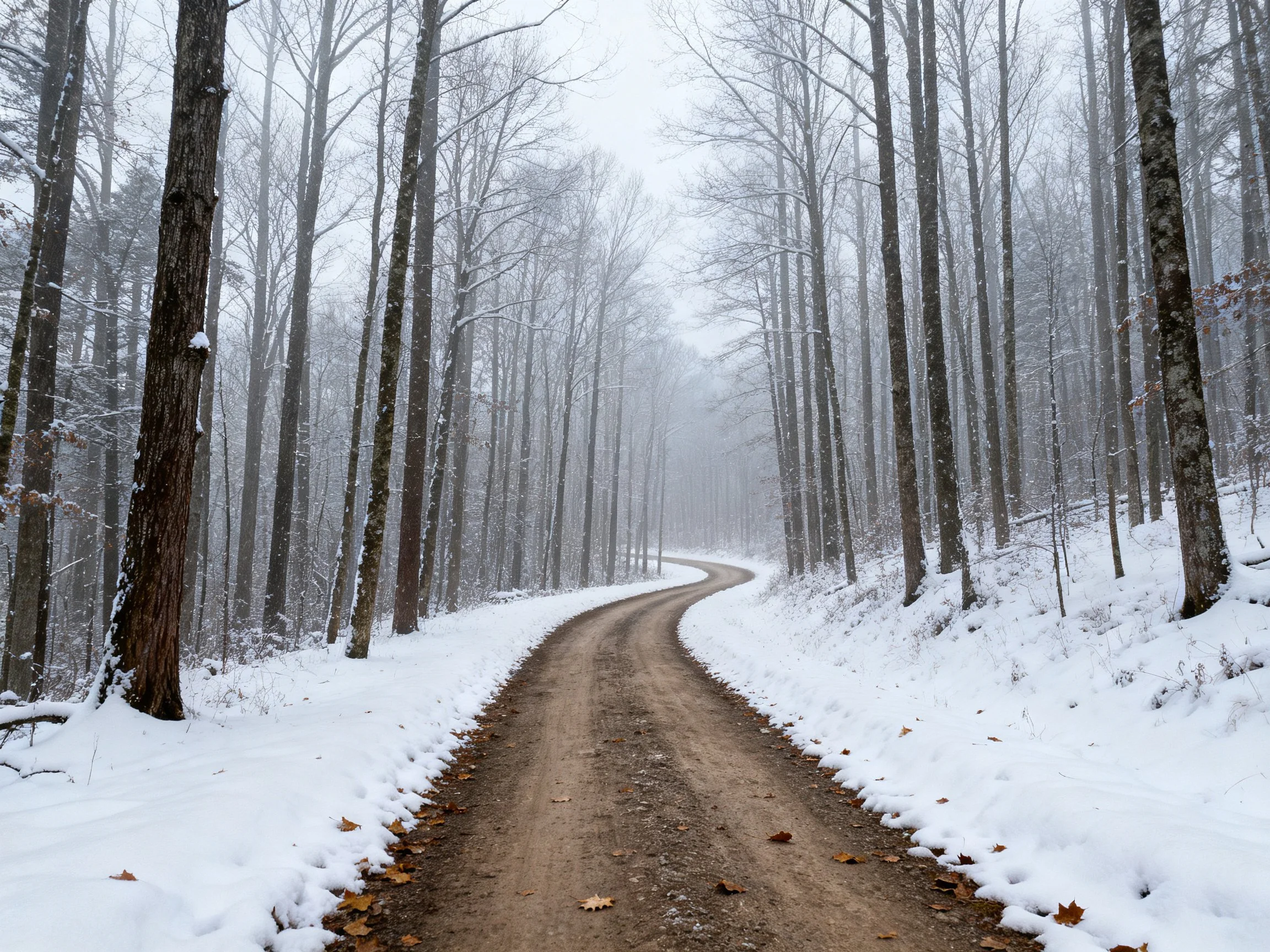 Winding dirt road through snow-laden forest with tall bare trees