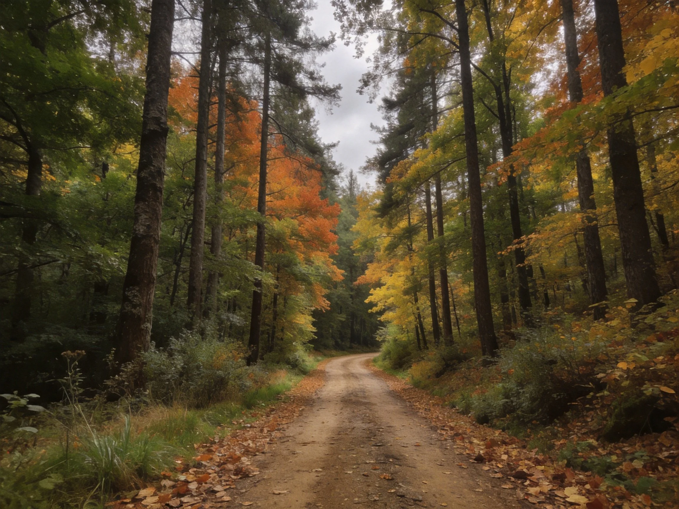 Winding dirt road through vibrant autumn forest trees under overcast sky