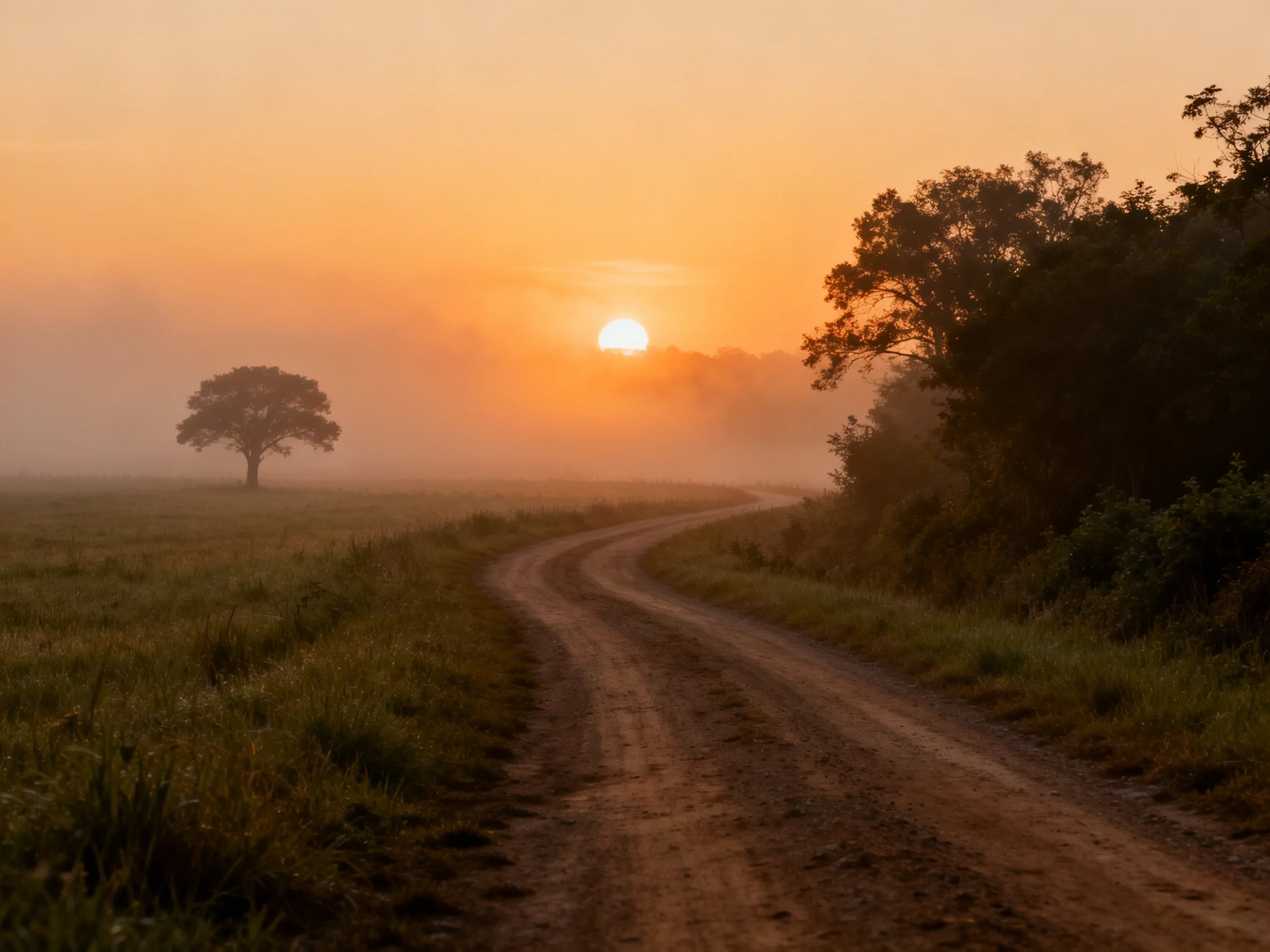 Winding dirt road under golden sunrise with misty fields