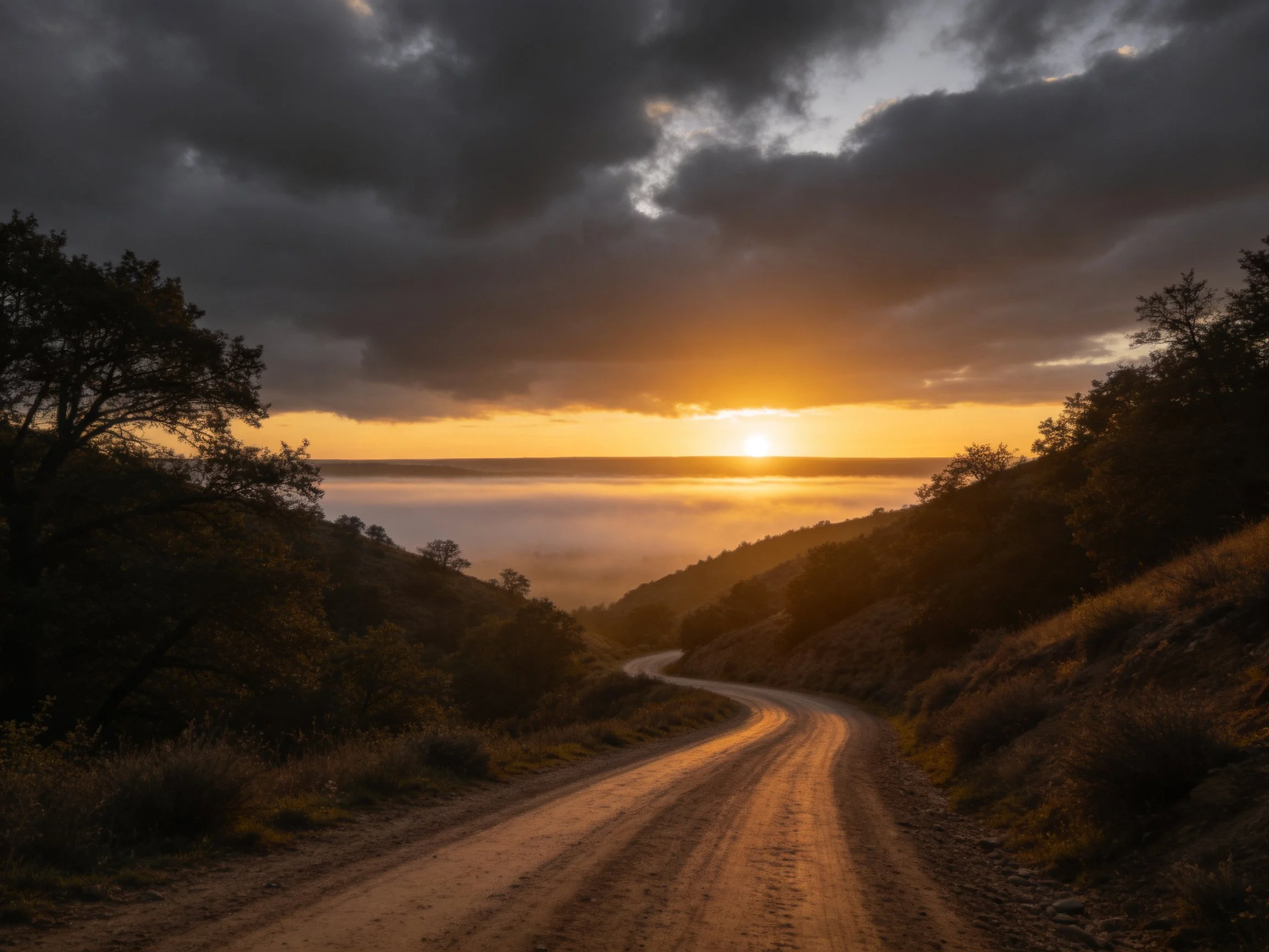 Winding dirt road under moody sunset skies with golden light