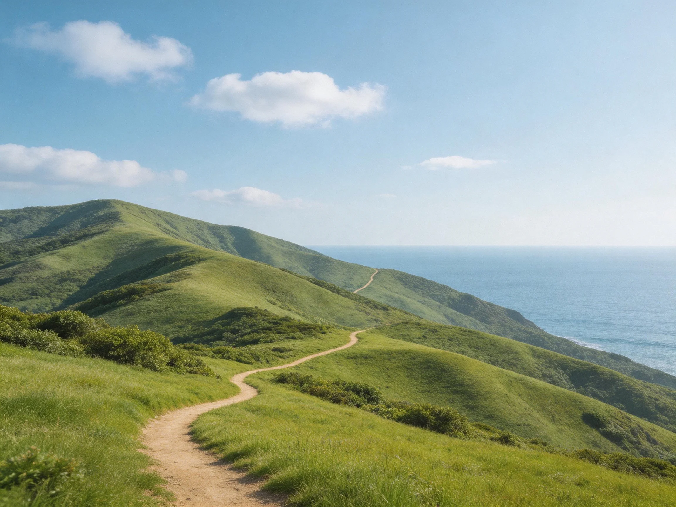 Winding dirt trail through lush green hills beside the ocean
