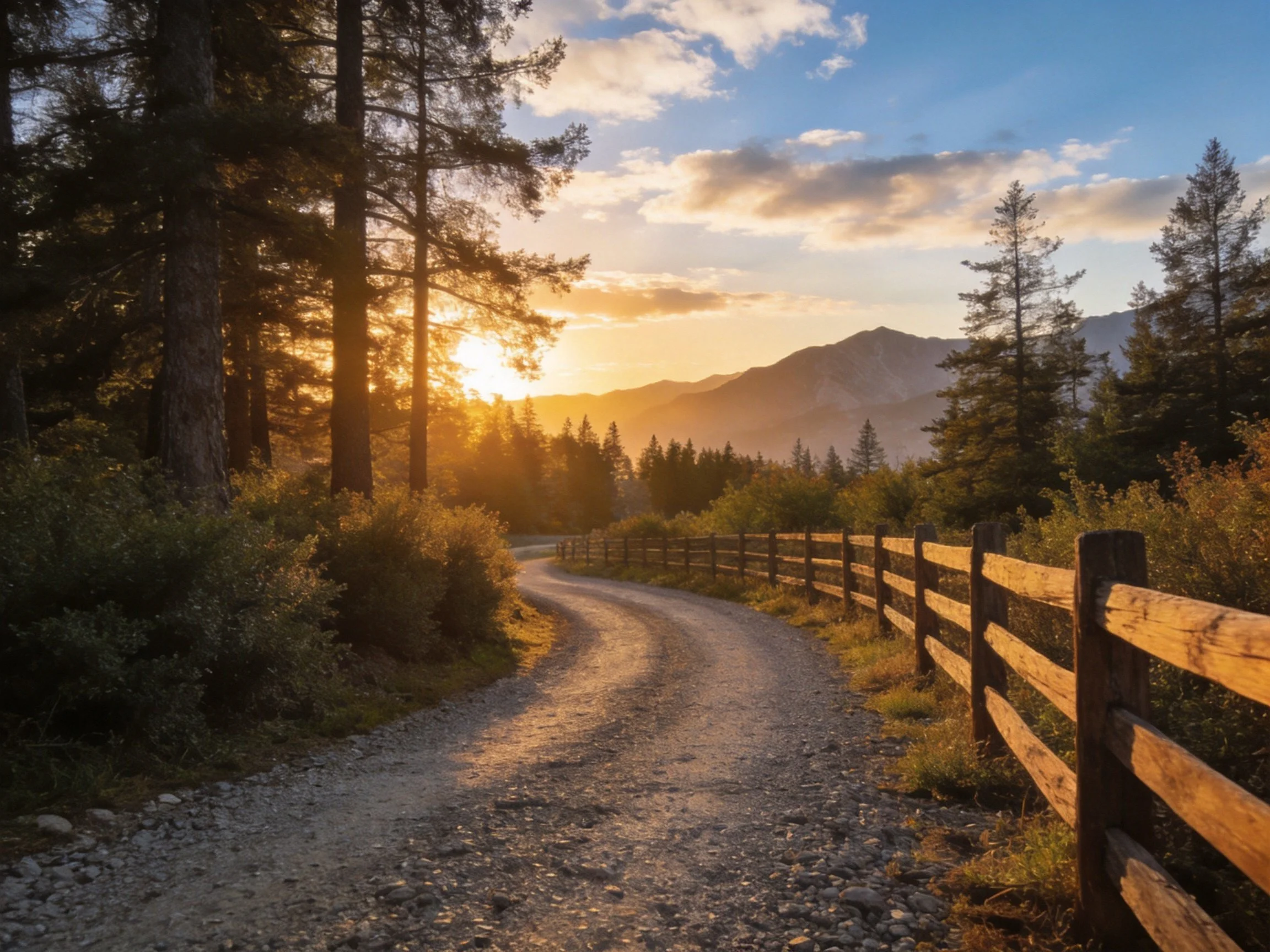 Winding gravel path beside wooden fence under golden sunset