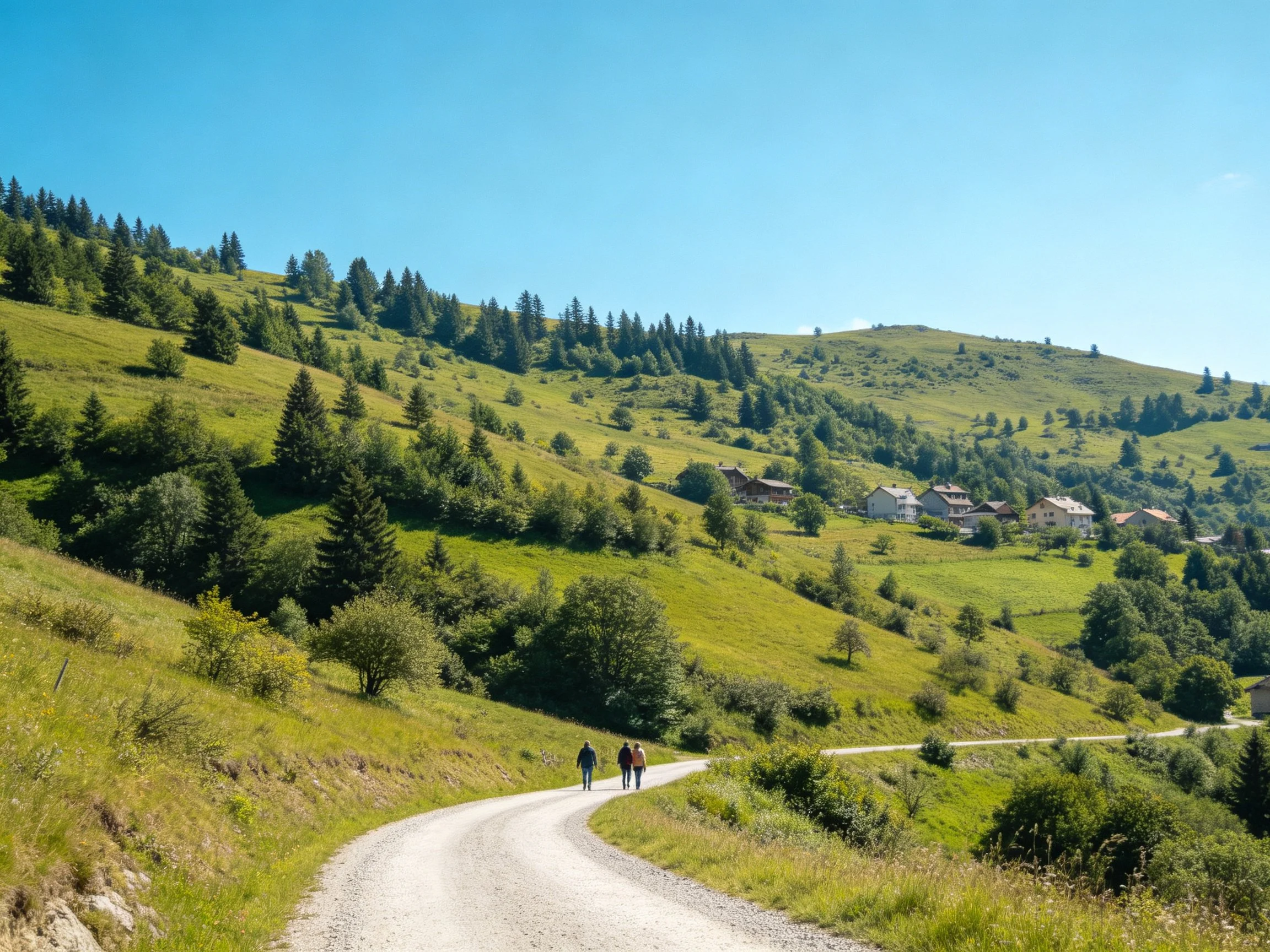 Winding gravel path through lush green hills near scattered homes