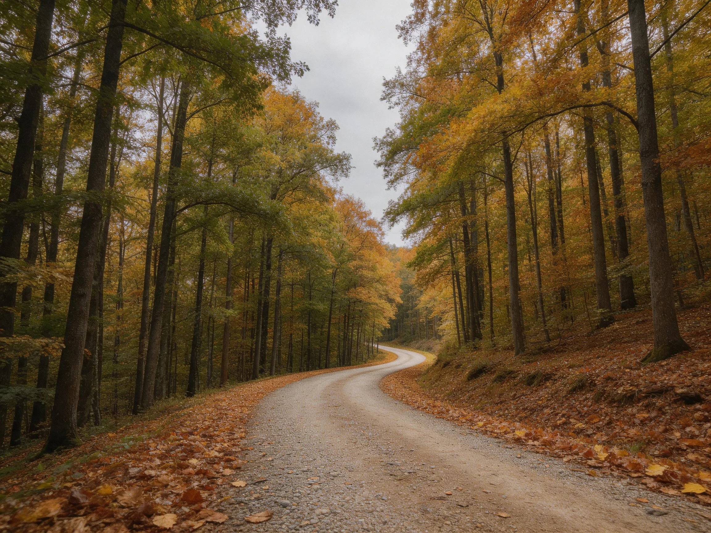 Winding gravel road through autumn forest with colorful trees