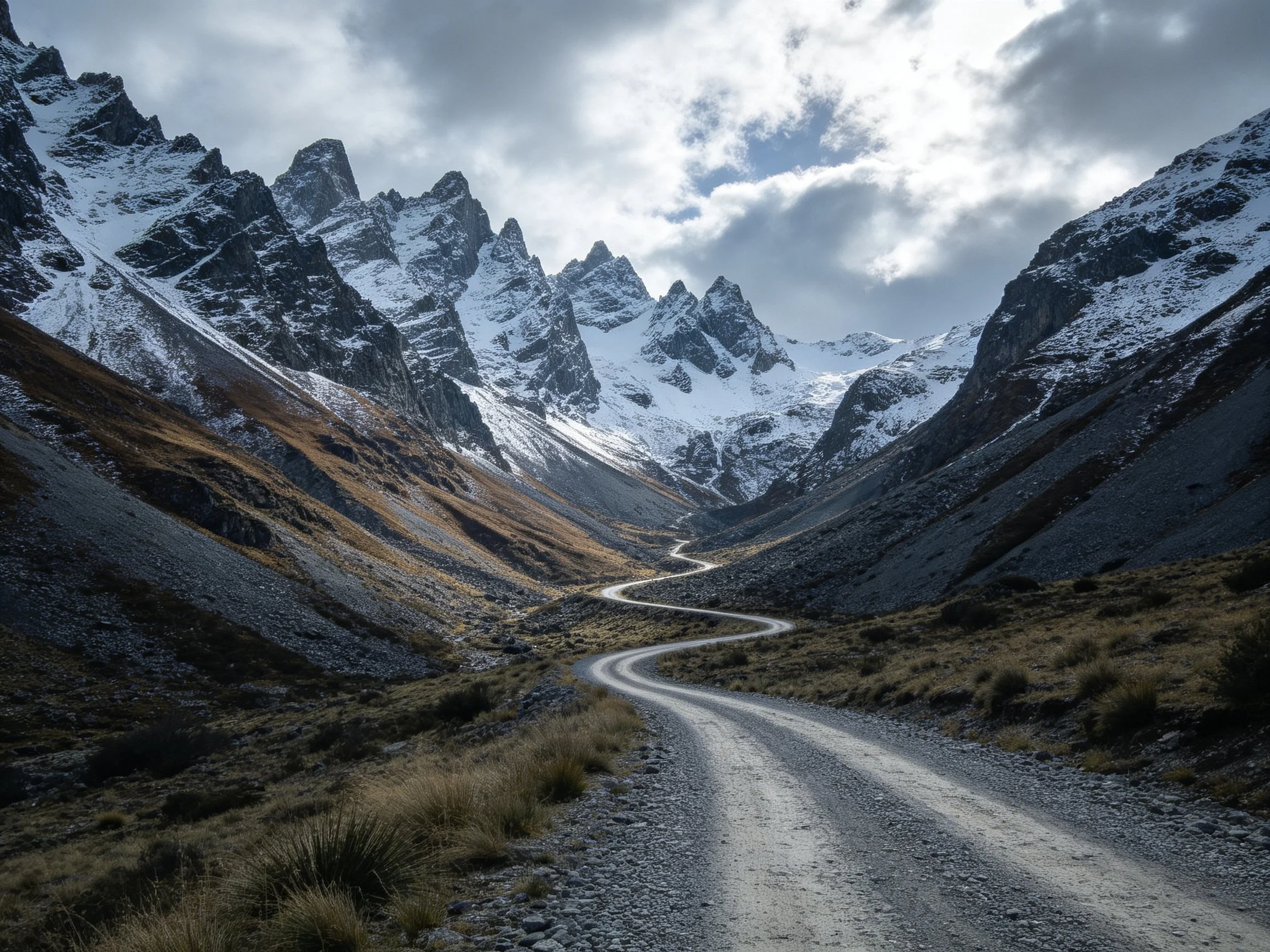 Winding gravel road winds through rugged valley with snow - capped peaks