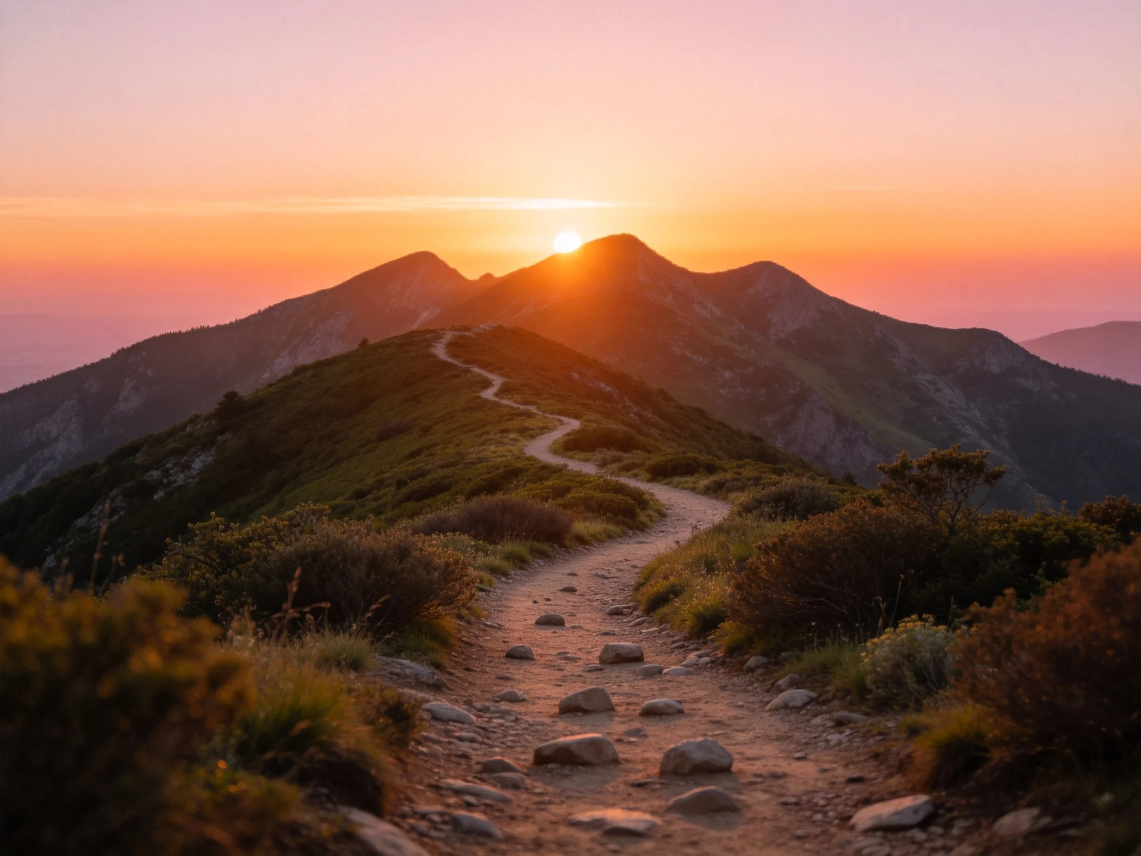 Winding mountain ridge trail at sunset with rocky path and vibrant sky