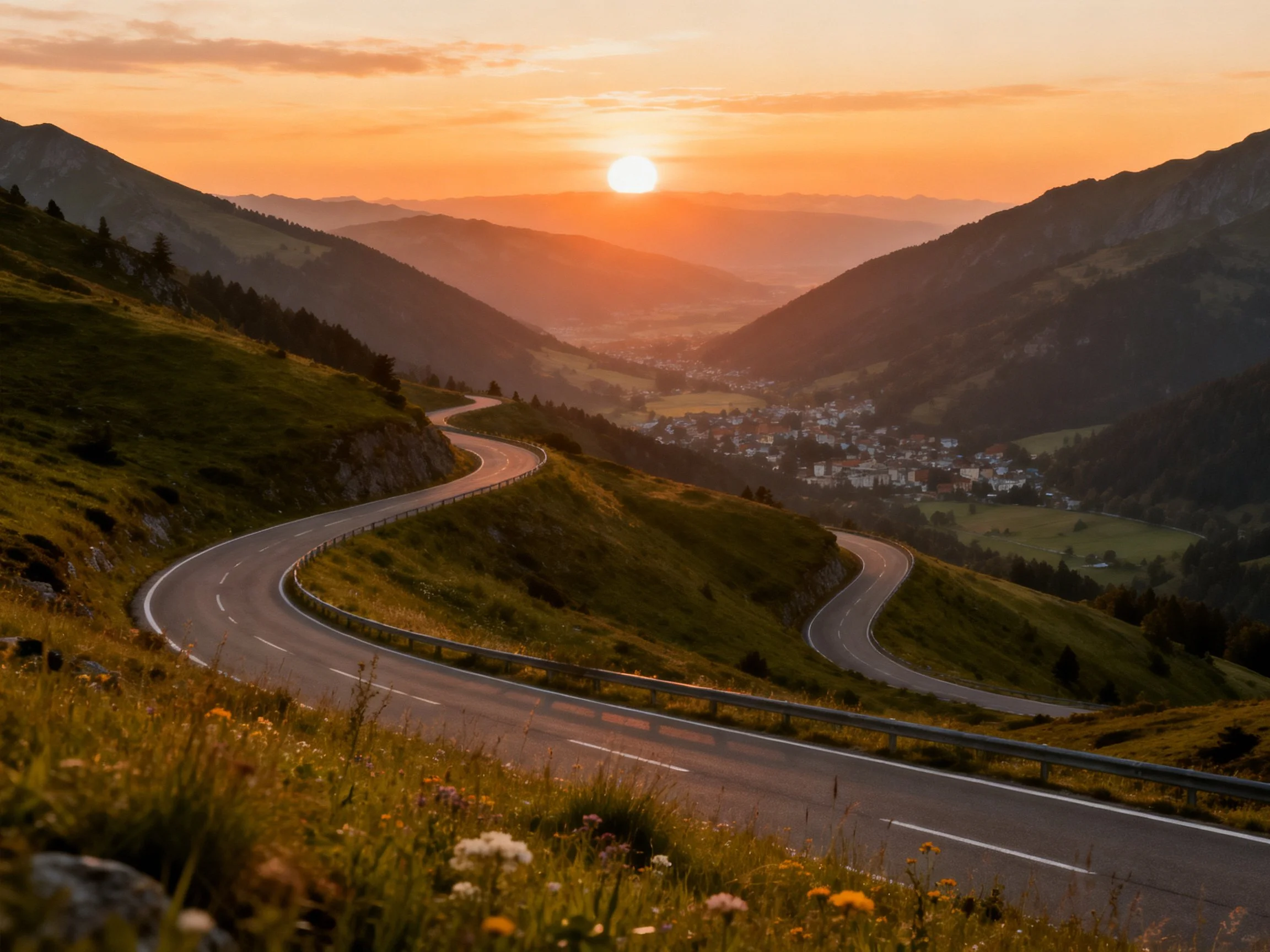 Winding mountain road at golden sunset with valley village