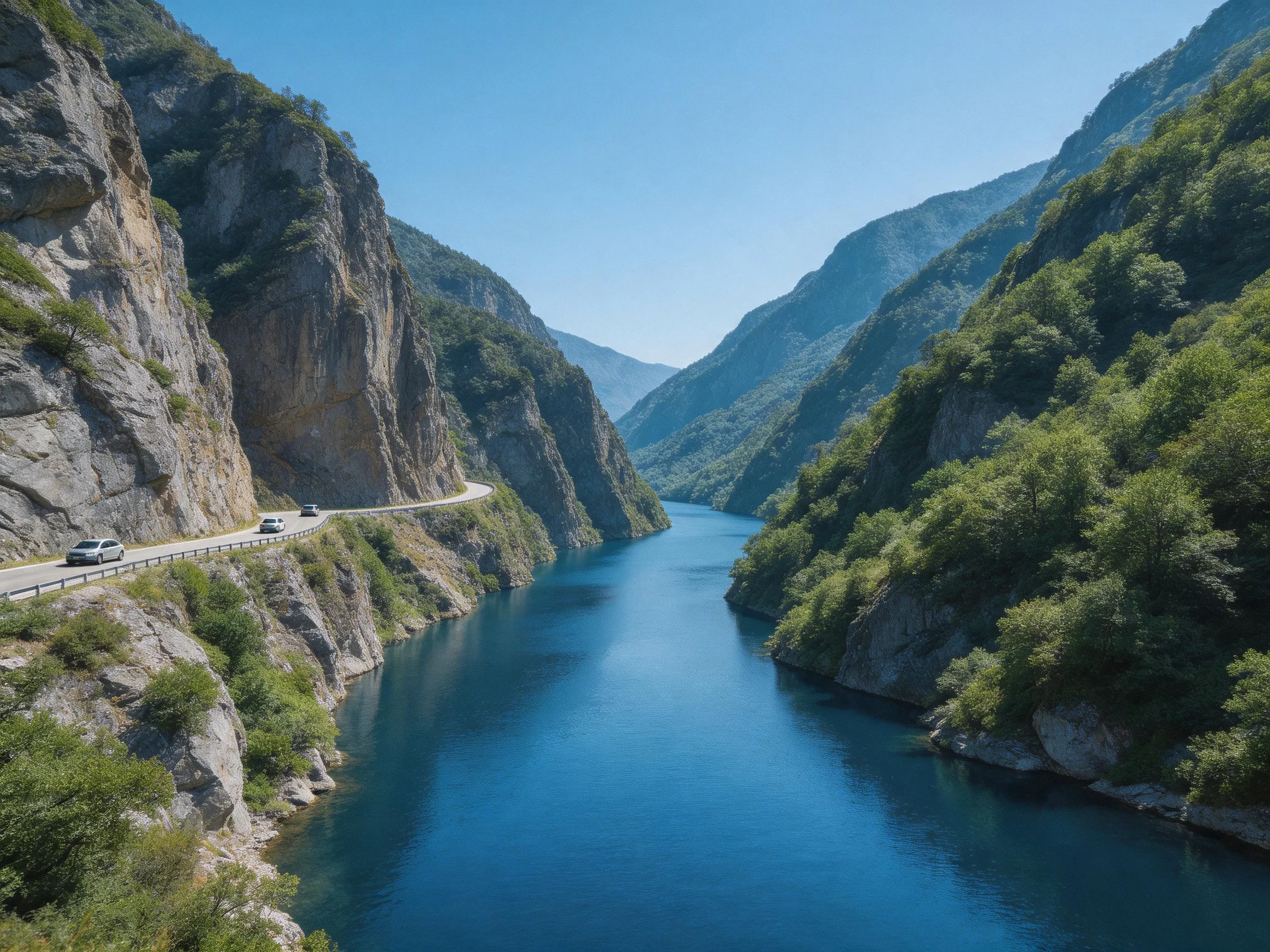 Winding mountain road beside deep blue river with green cliffs