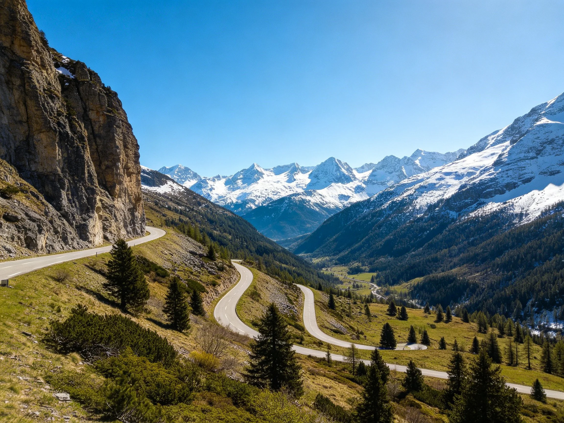 Winding mountain road beside rocky cliffs and snow - covered peaks