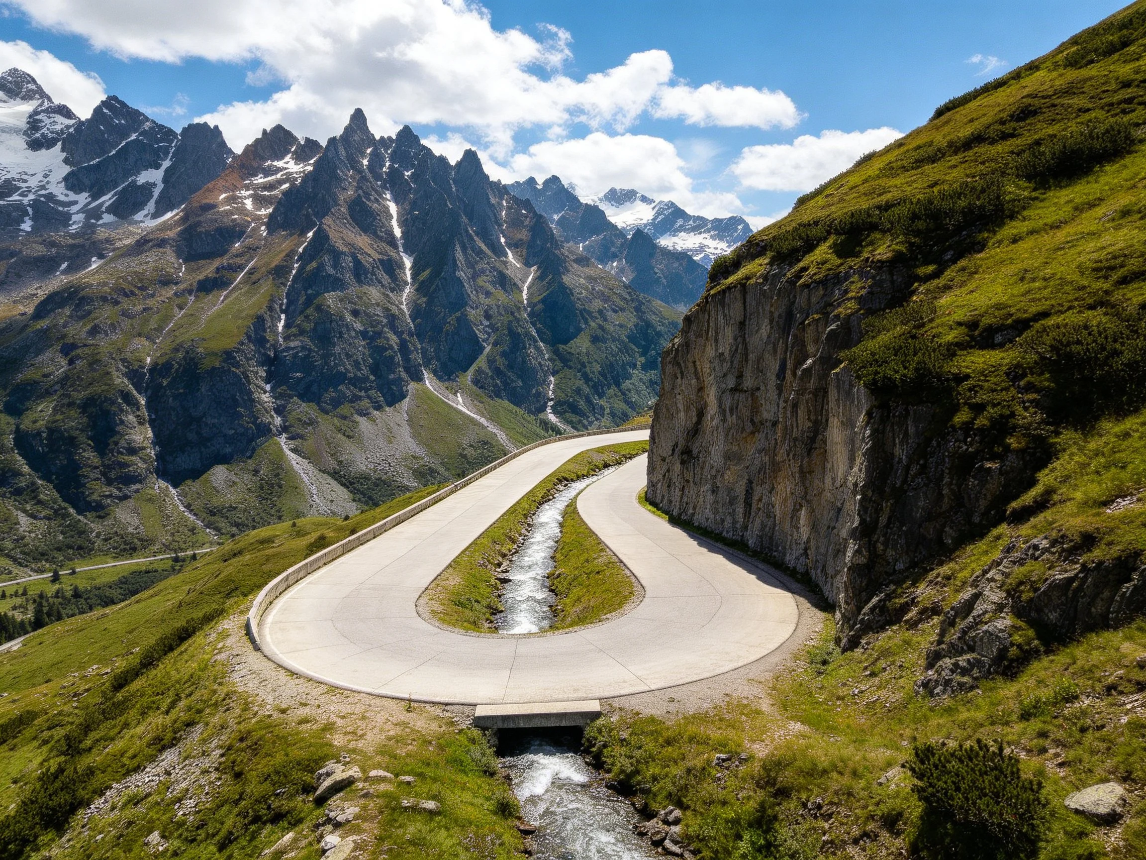 Winding mountain road curves around stream near snow-capped peaks