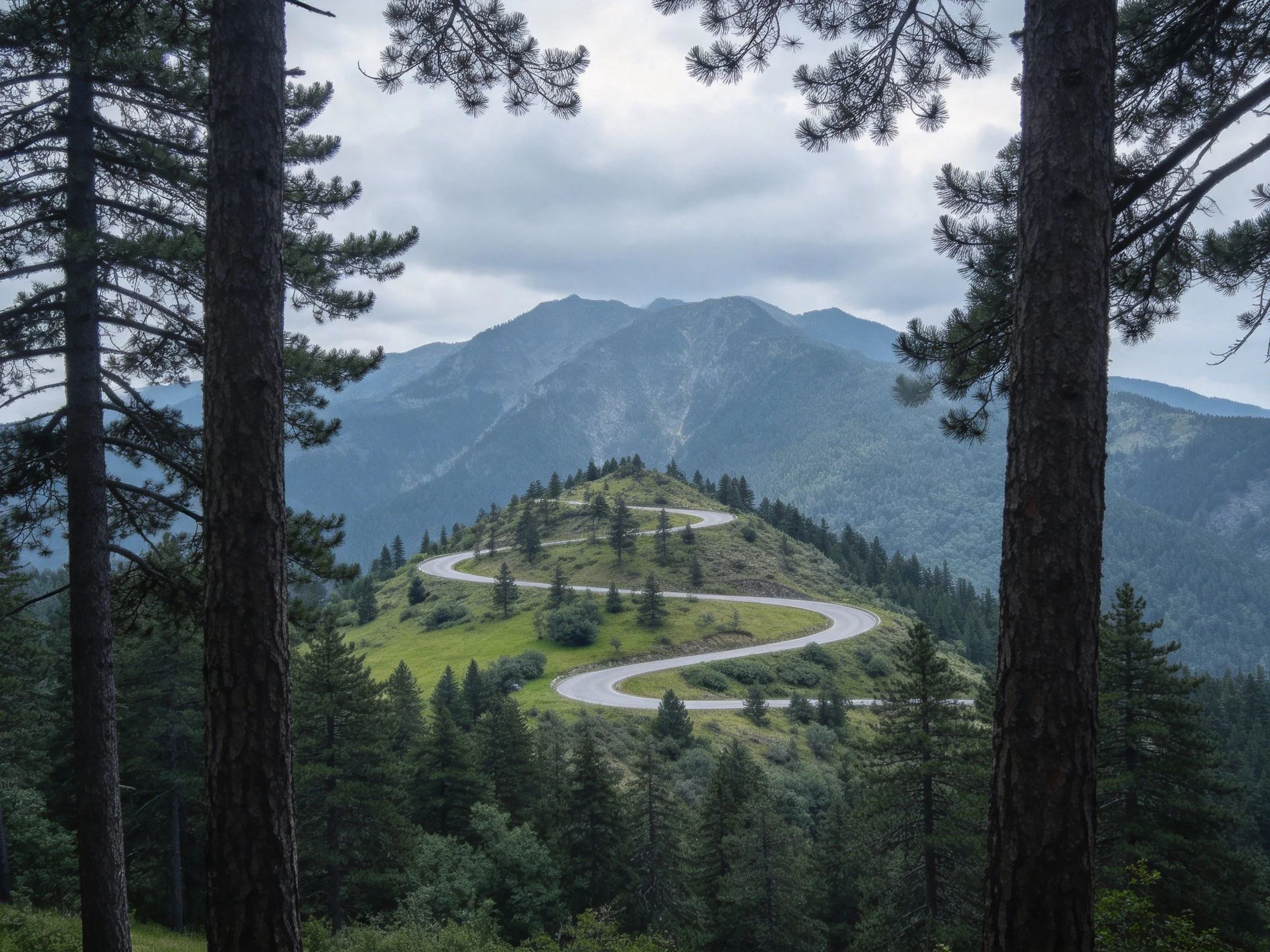 Winding mountain road flanked by tall pine trees