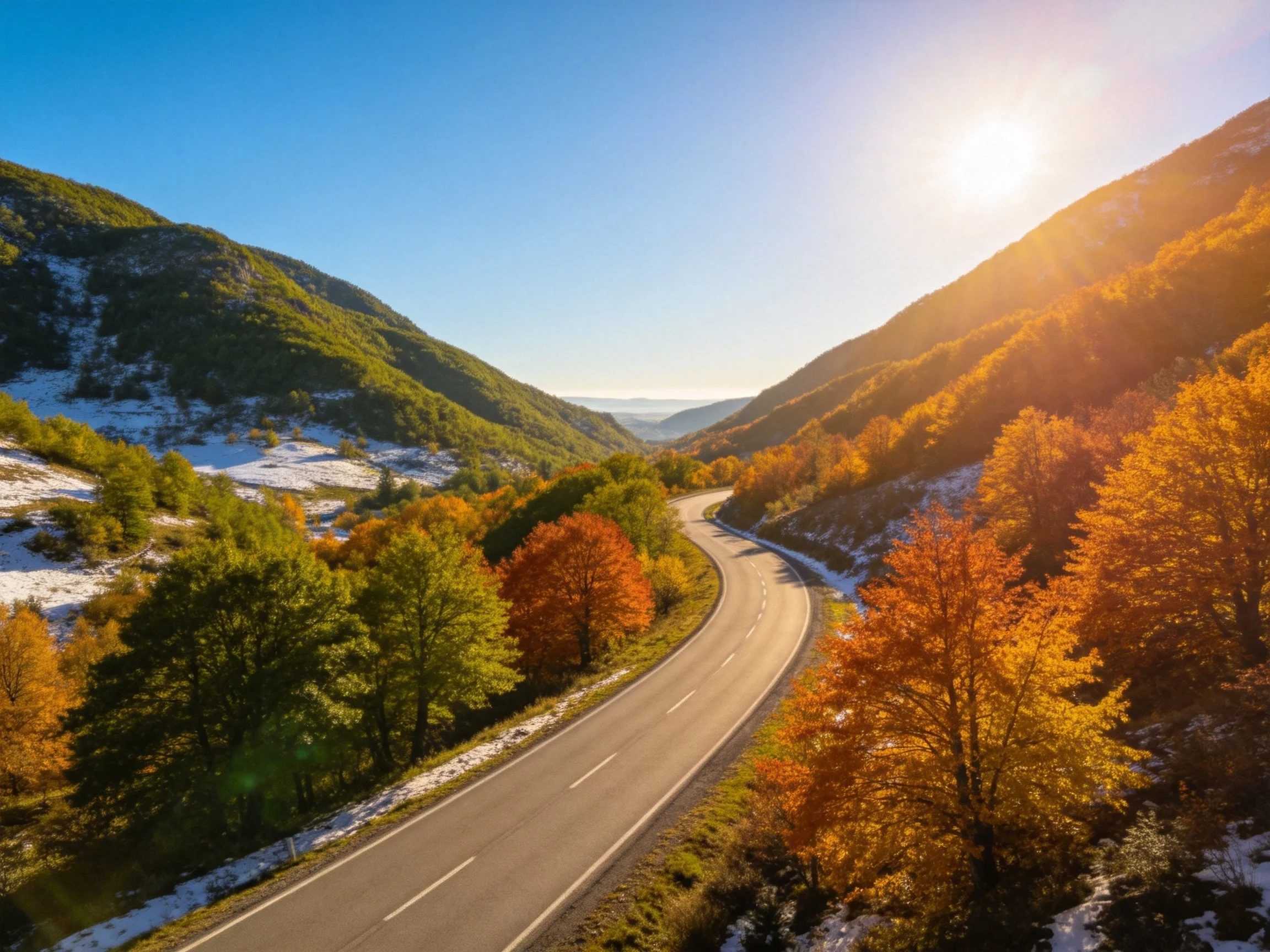 Winding mountain road through autumn forests with snowy patches